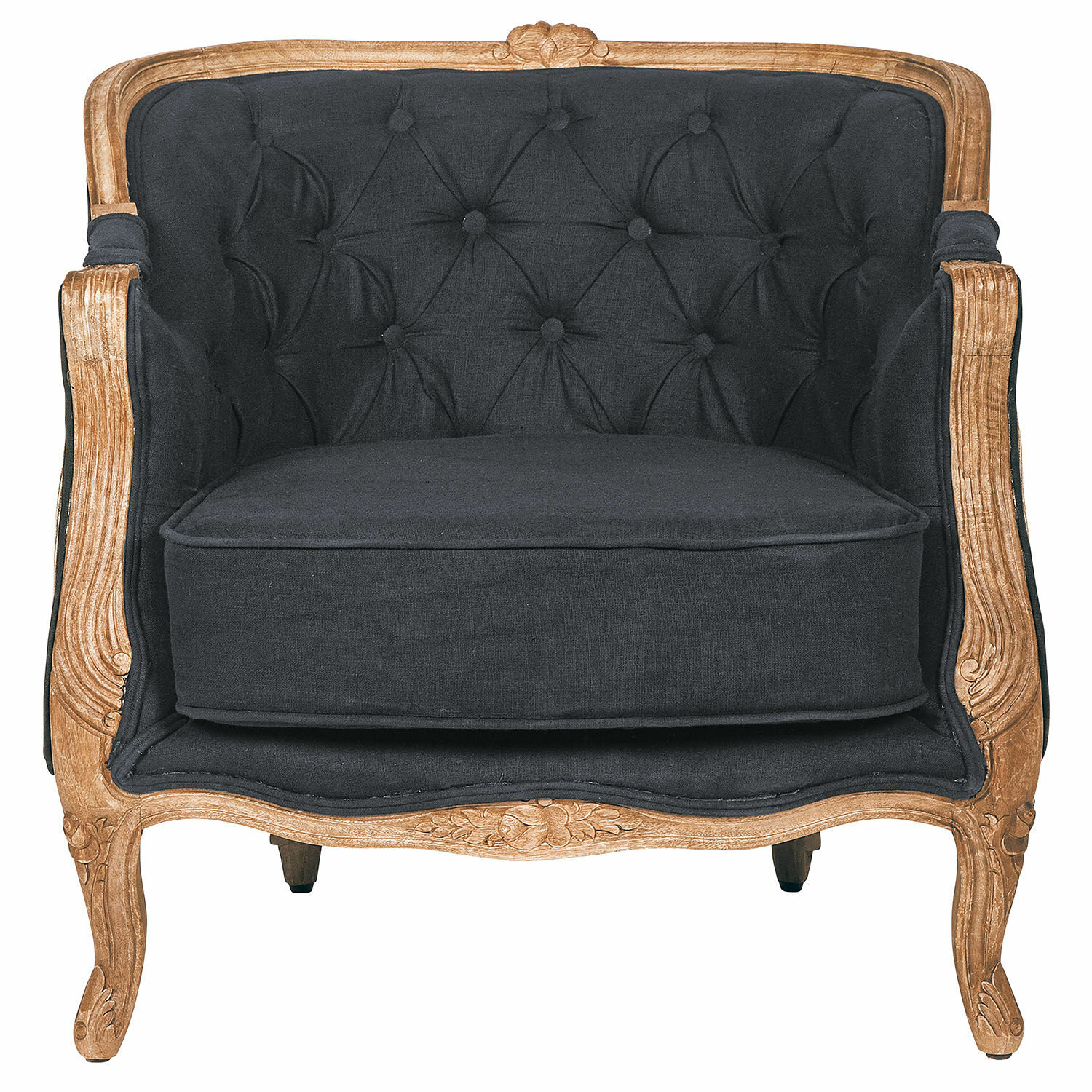 negro Sillón Annezay negro de tela con marco de madera tallada, mueble elegante para salón