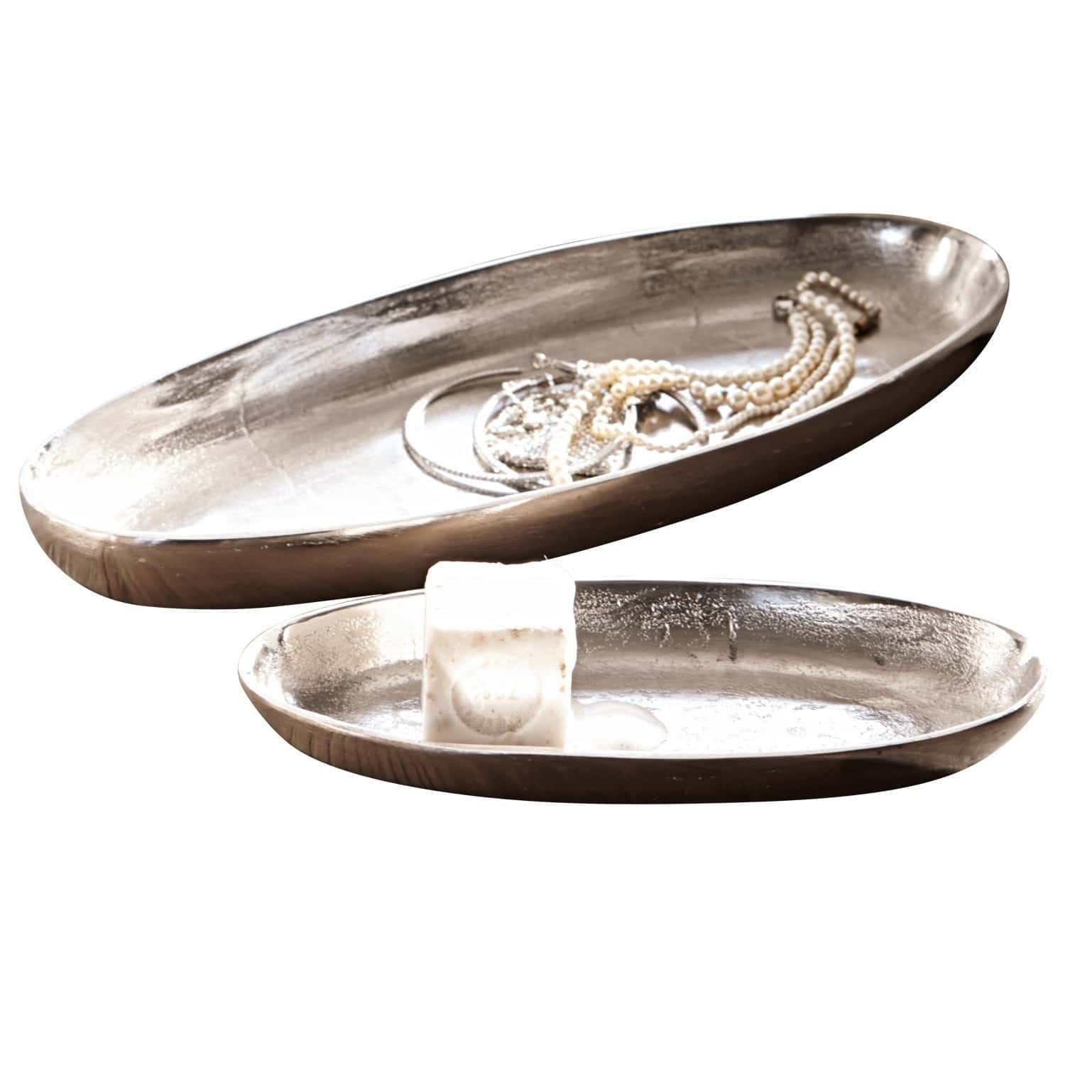 Juego de 2 cuencos Marné Bandeja ovalada de metal plateado con joyas y jabón, accesorio decorativo elegante para el hogar