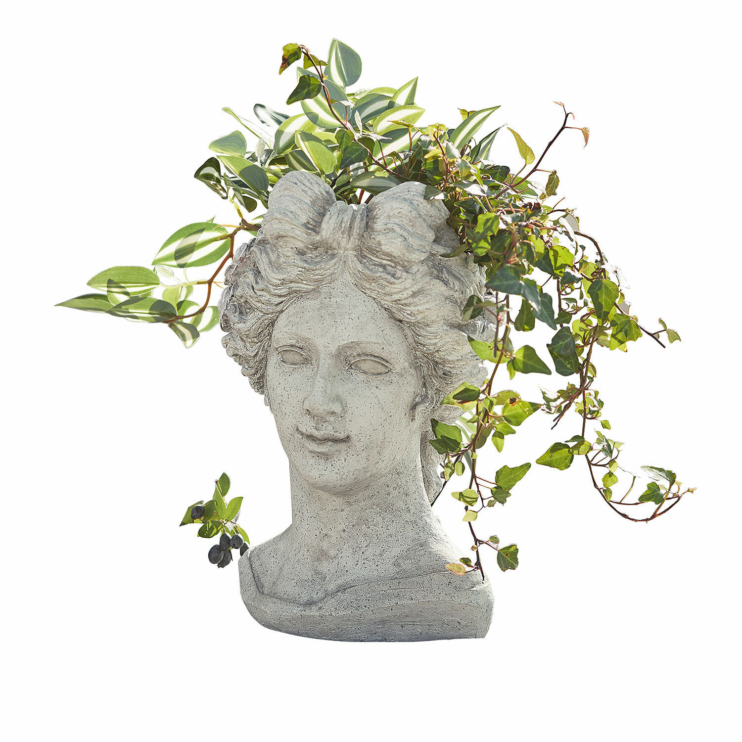 Maceta Cassiopeia Maceta en forma de cabeza de mujer de piedra gris con plantas verdes, decoración de jardín