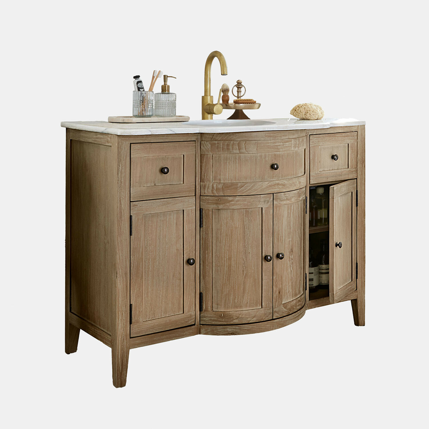 Mueble de baño con lavabo Bois Serein Mueble de baño de madera con encimera de mármol y grifo dorado, accesorios naturales para baño