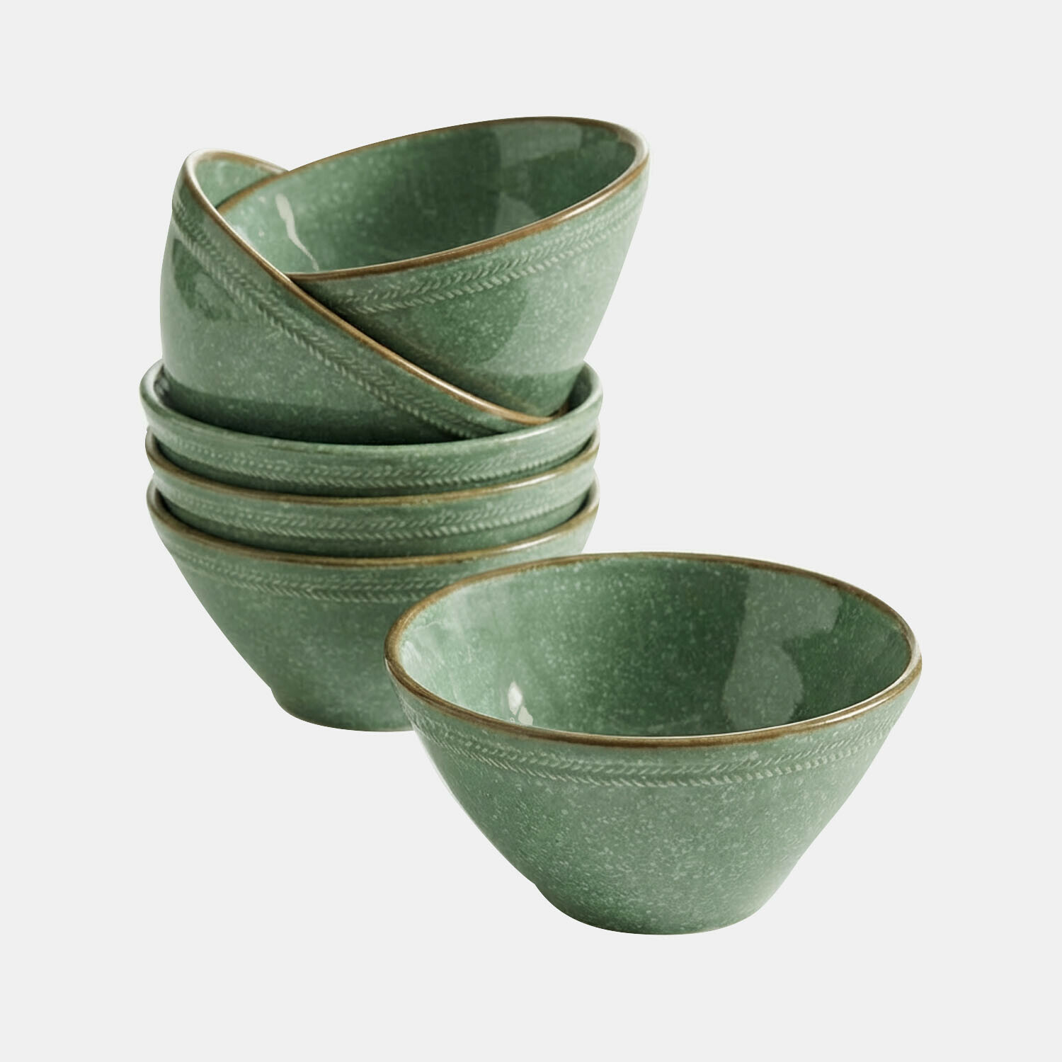 verde Set de 6 cuencos verdes de cerámica Norrvik con diseño sutil y borde marrón para servir