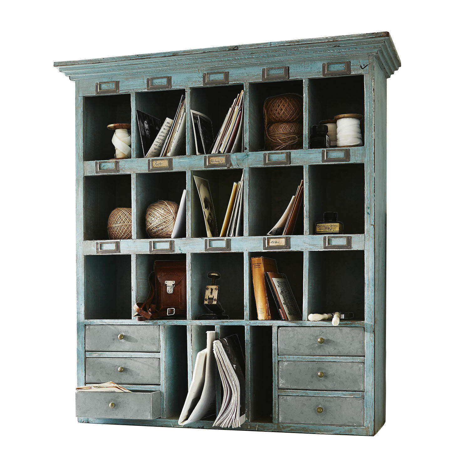 Estantería Andover Mueble azul de madera con múltiples compartimentos y cajones para almacenar documentos y accesorios