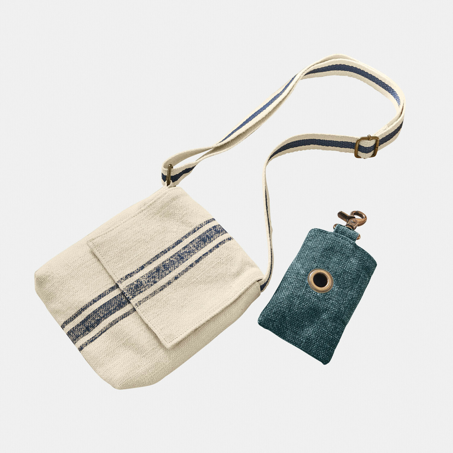 Set de 2 bolsitos Pawera Bolso de algodón beige con rayas azules y funda verde para llaves con mosquetón metálico