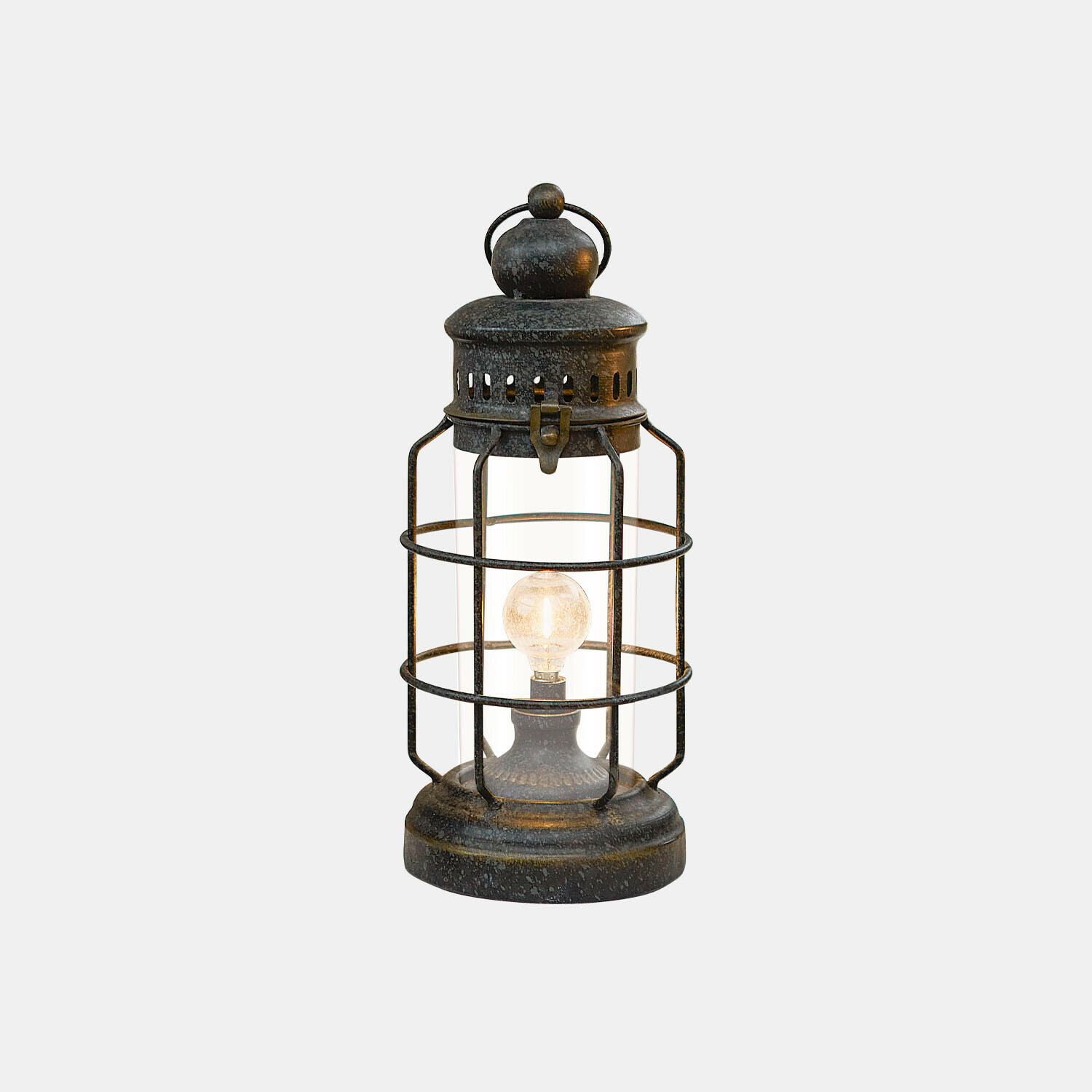 negro envejecido Linterna LED recargable Arvada en metal negro antiguo con vidrio transparente y jaula protectora