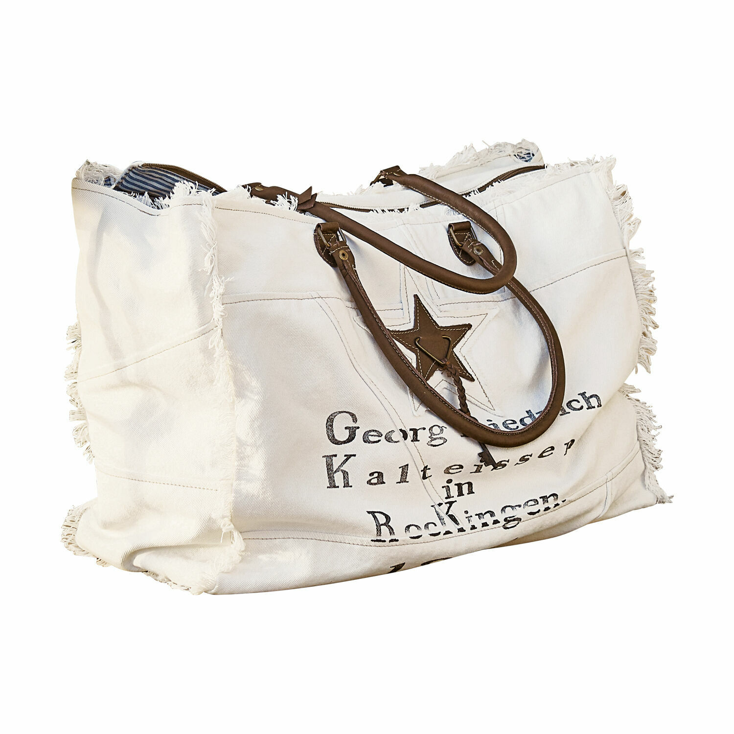 Bolso Friedrich Bolsa grande de tela blanca con asas marrones y estrella impresa, bolsa de compras