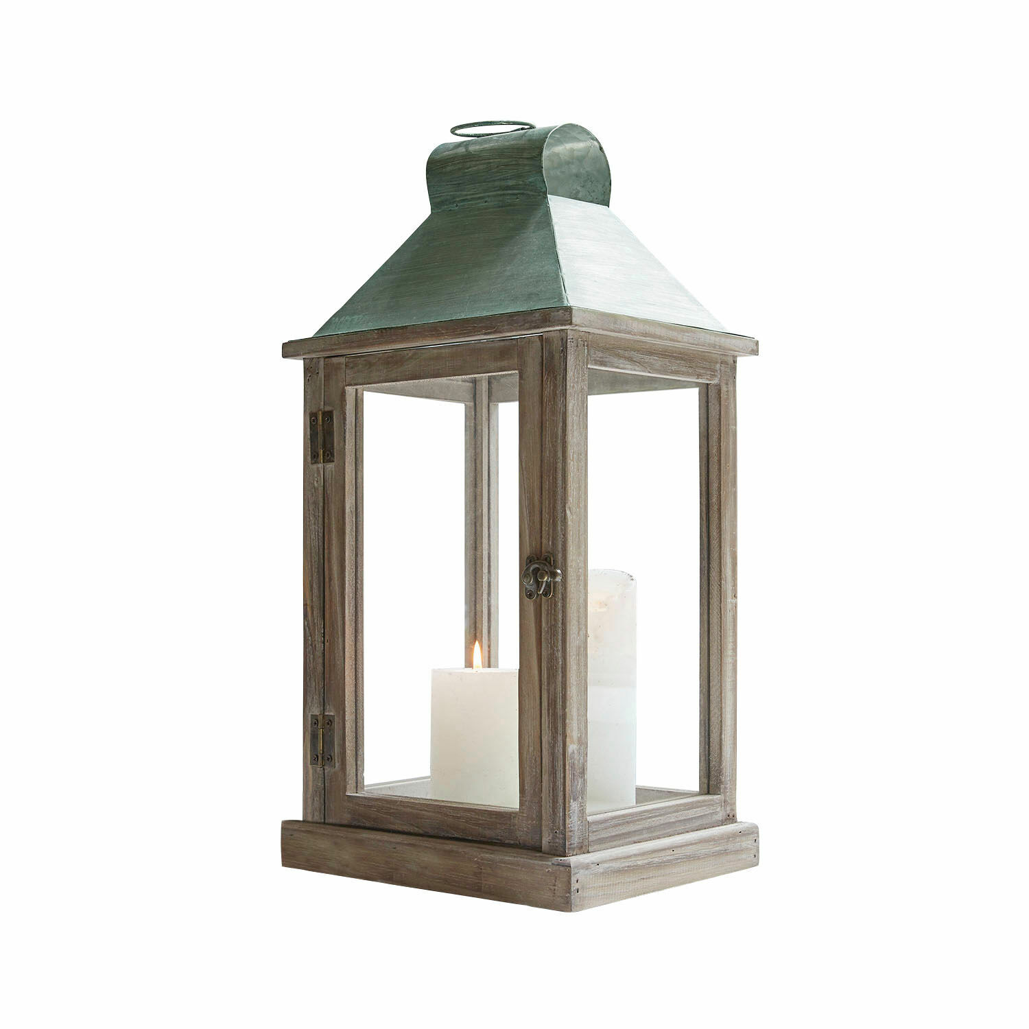 Linterna de madera con techo metálico verde y vela blanca, decoración para interior y exterior