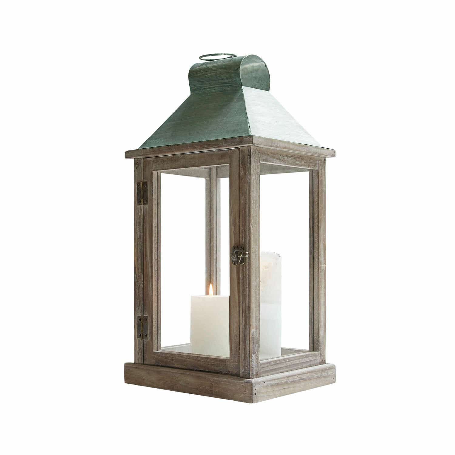 Farol Corte Linterna de madera con techo metálico verde y vela blanca, decoración para interior y exterior