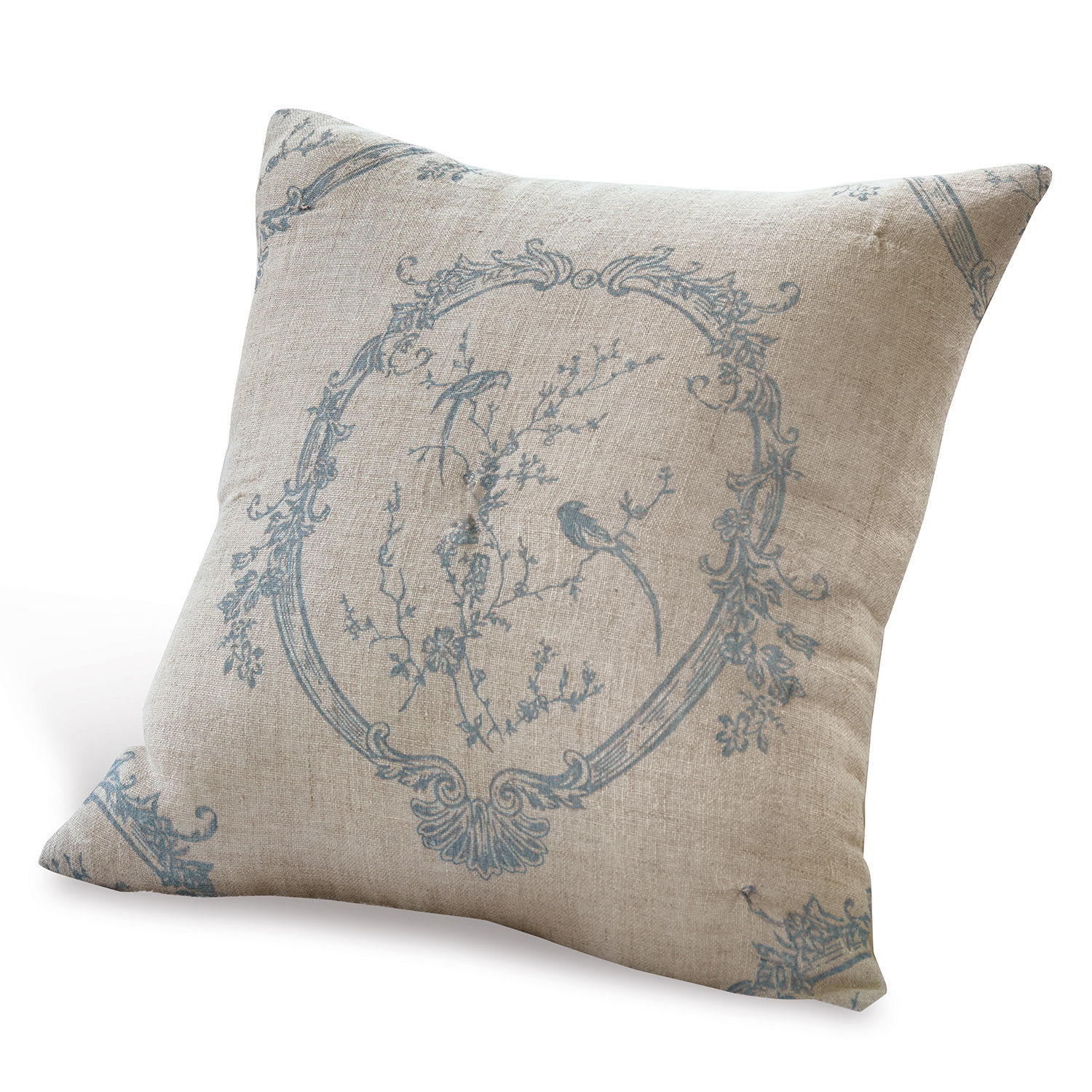 Funda de cojín Decadence Cojín beige de lino con diseño azul de pájaros y plantas, decoración para sala de estar