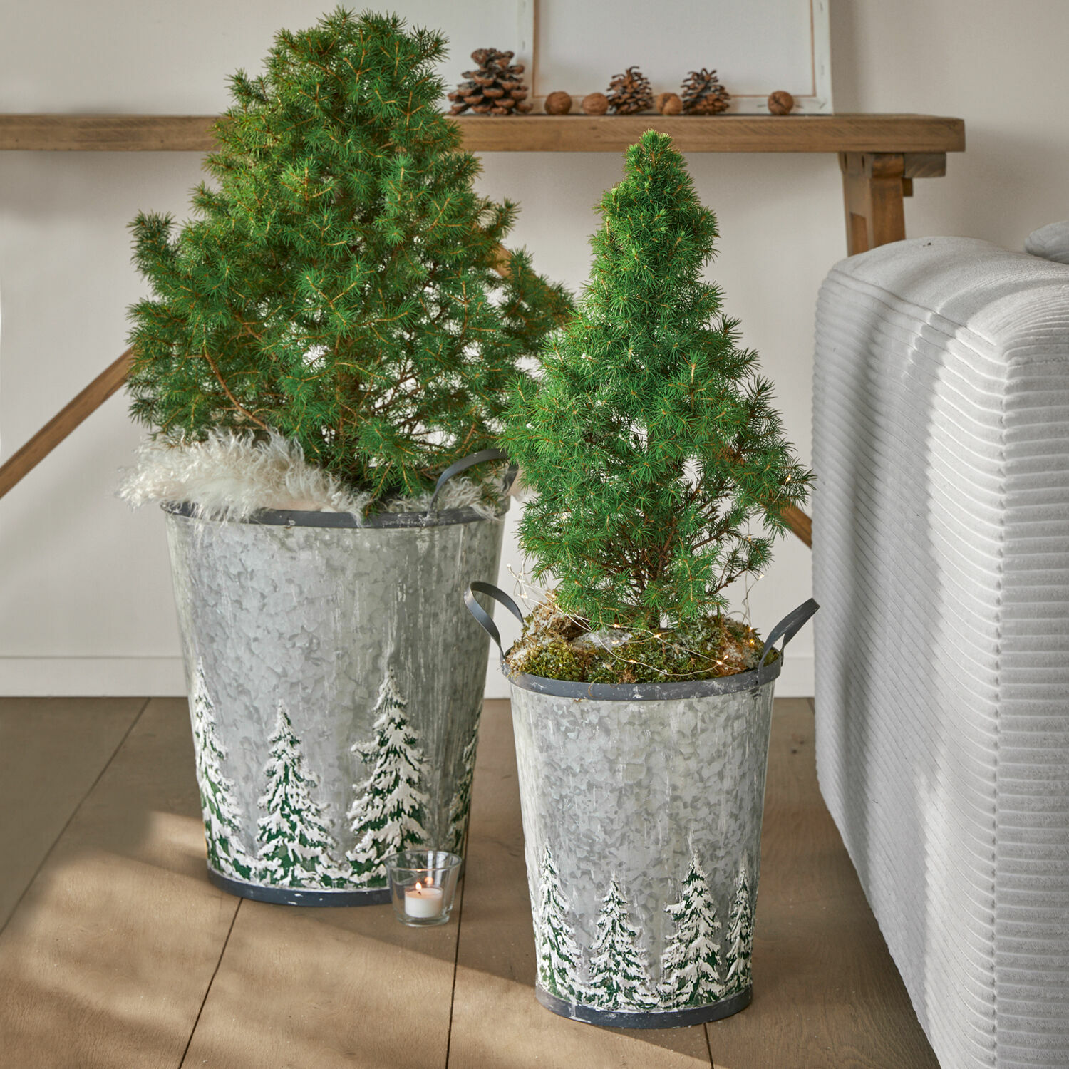 Set de 2 cubos Pavie Dos cubos metálicos con plantas verdes y diseño de abetos nevados sobre suelo de madera