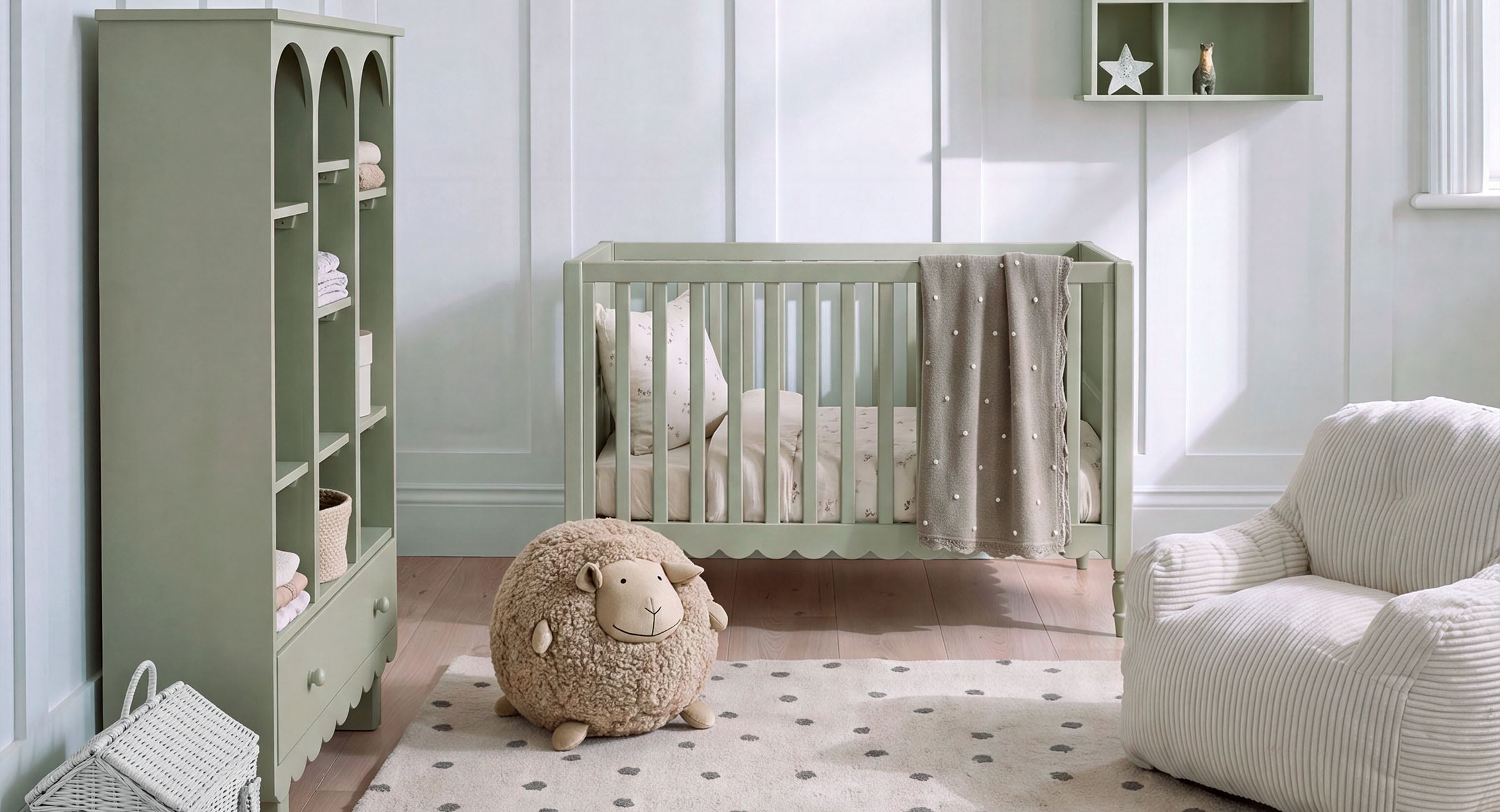 Habitación infantil con cuna verde, estantería y peluche de oveja sobre alfombra con puntos