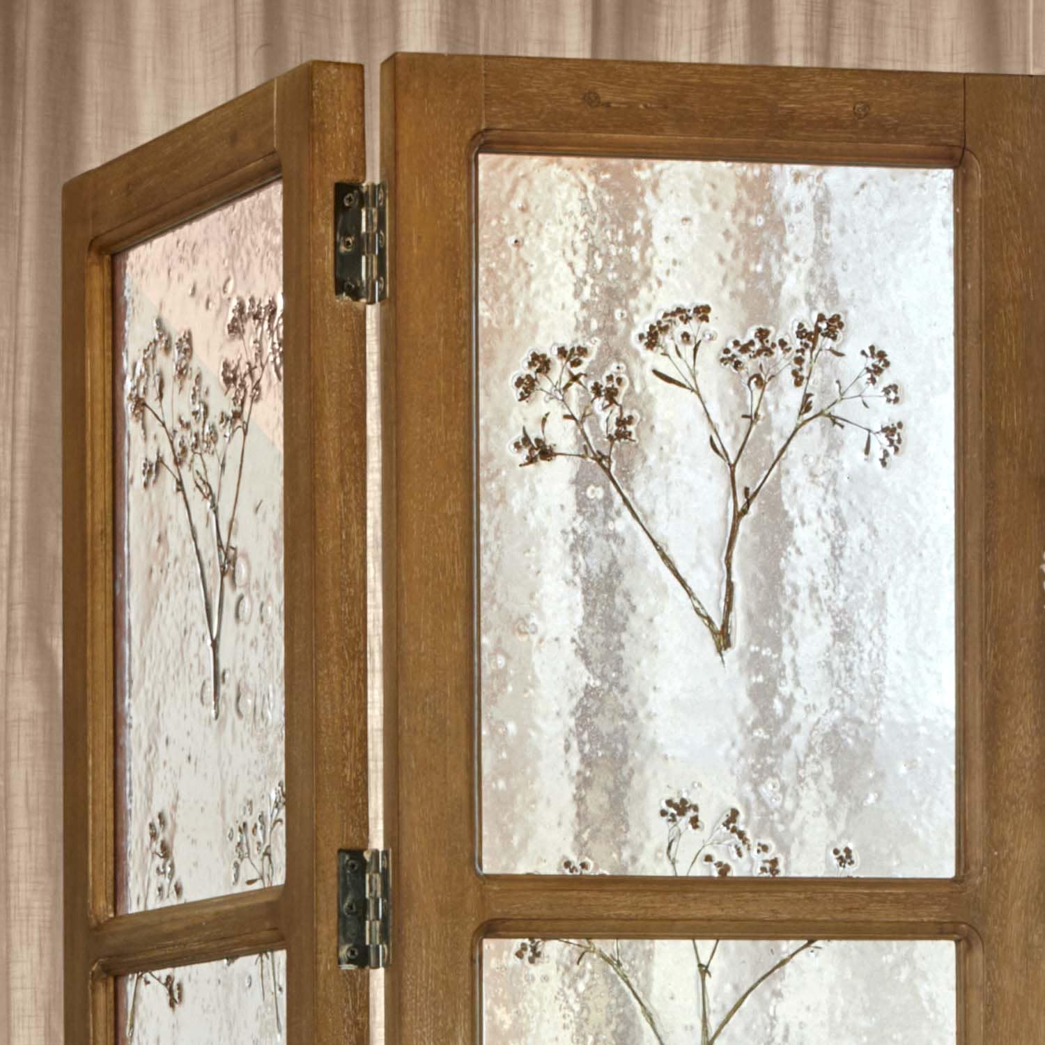 Biombo de madera con vidrio mate decorado con flores secas, decoración natural para interiores