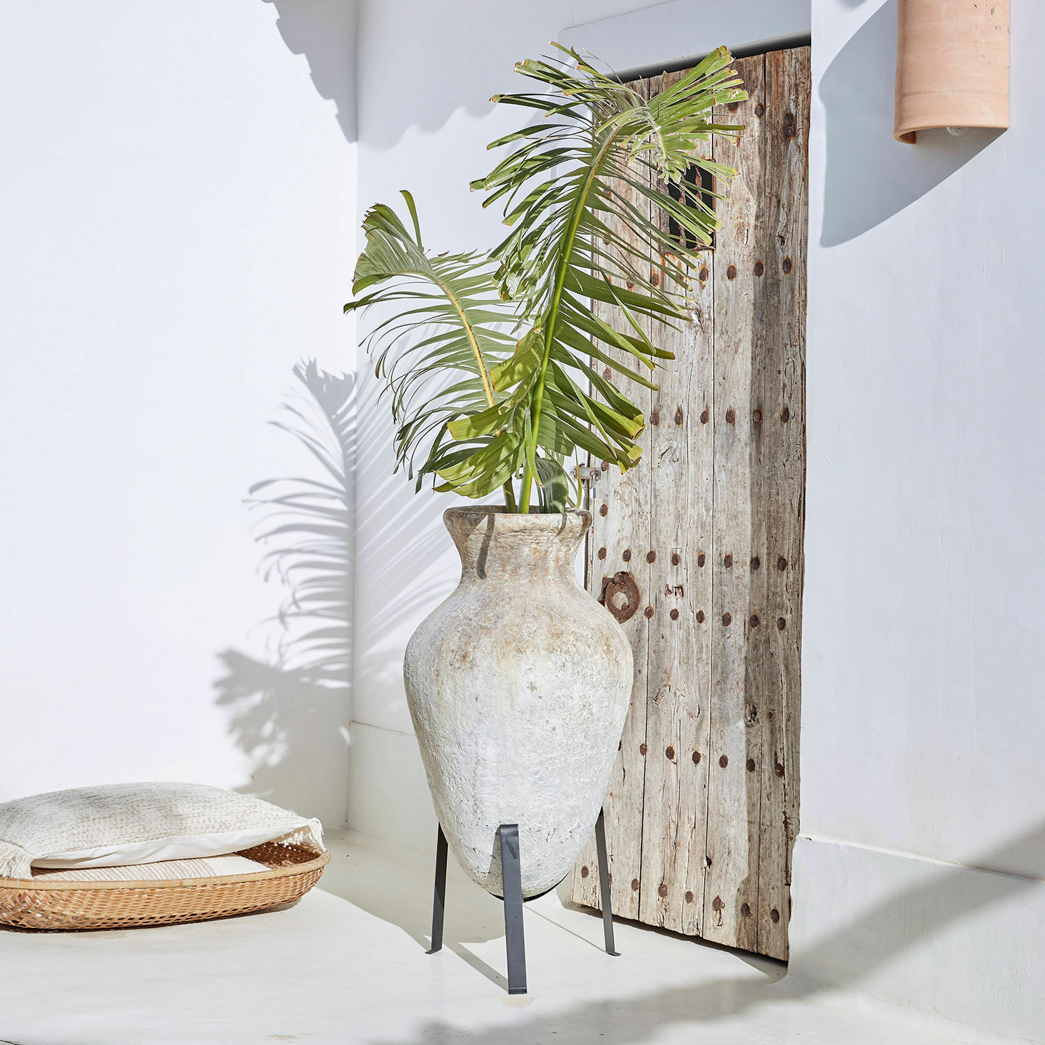 Jarrón grande de terracota sobre soporte metálico con hojas verdes en interior luminoso