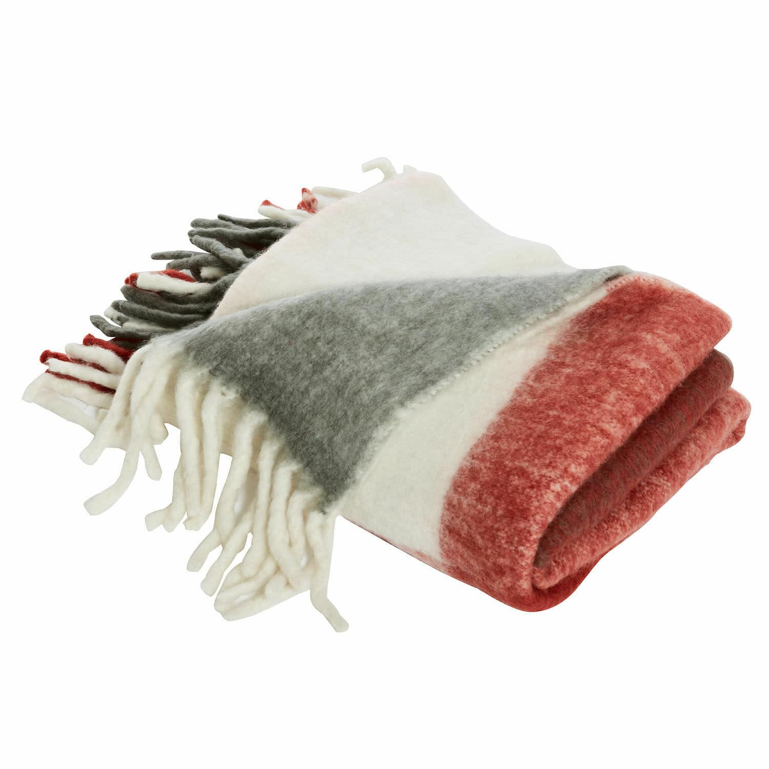 Plaid McGreg Manta suave de lana en blanco, gris y rojo con flecos, ideal para el hogar