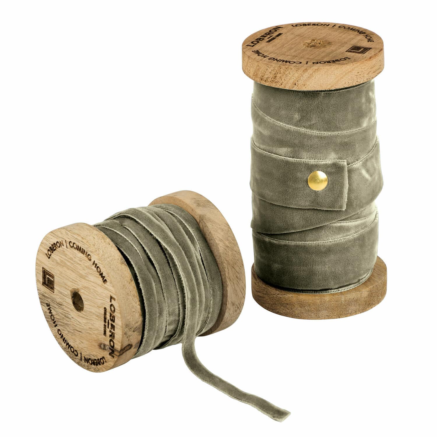 Set de 2 cintas de terciopelo verde oliva en carretes de madera para decoración y manualidades