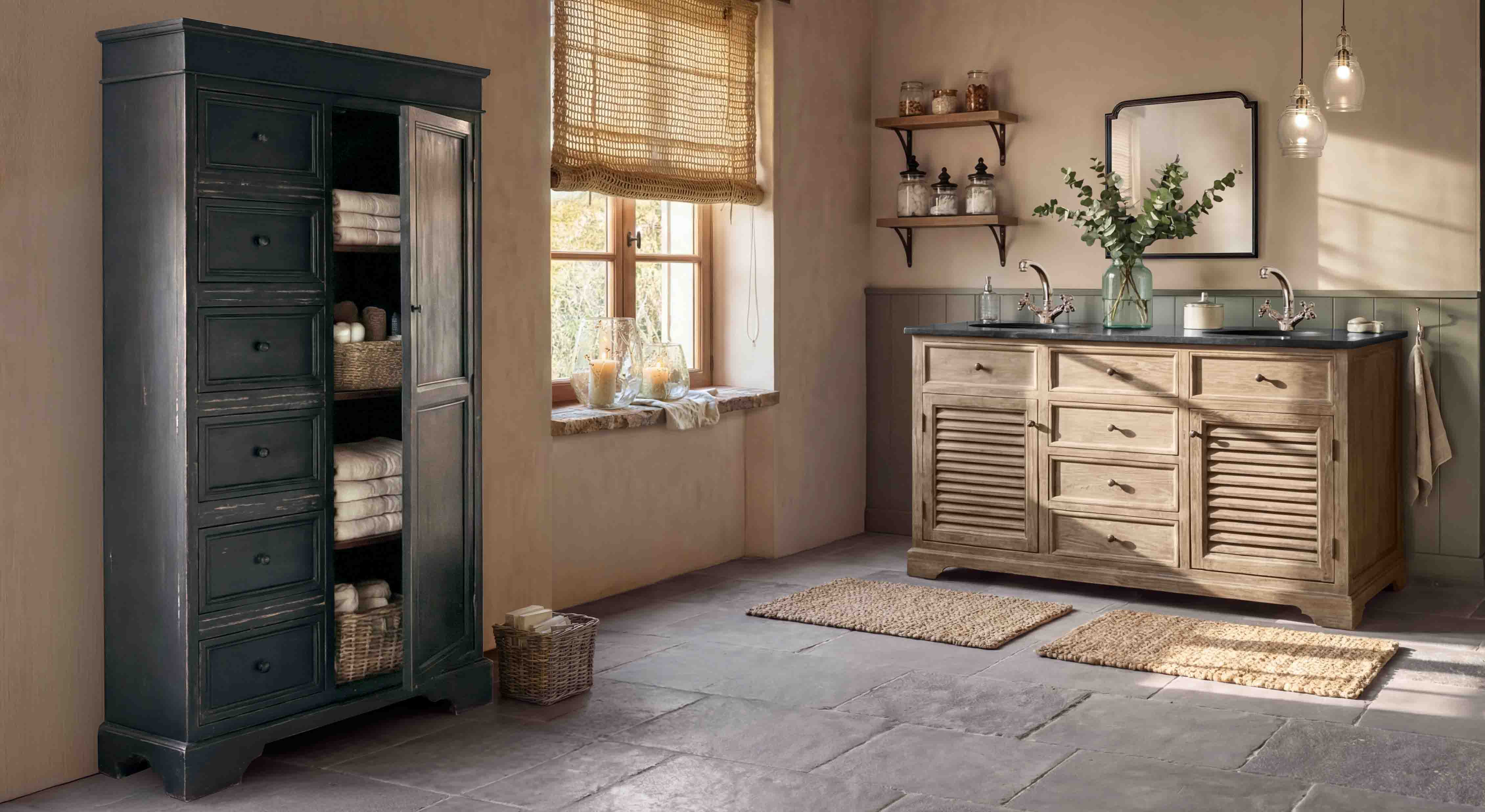 Baño rústico con mueble de madera clara y armario negro para toallas, alfombras naturales
