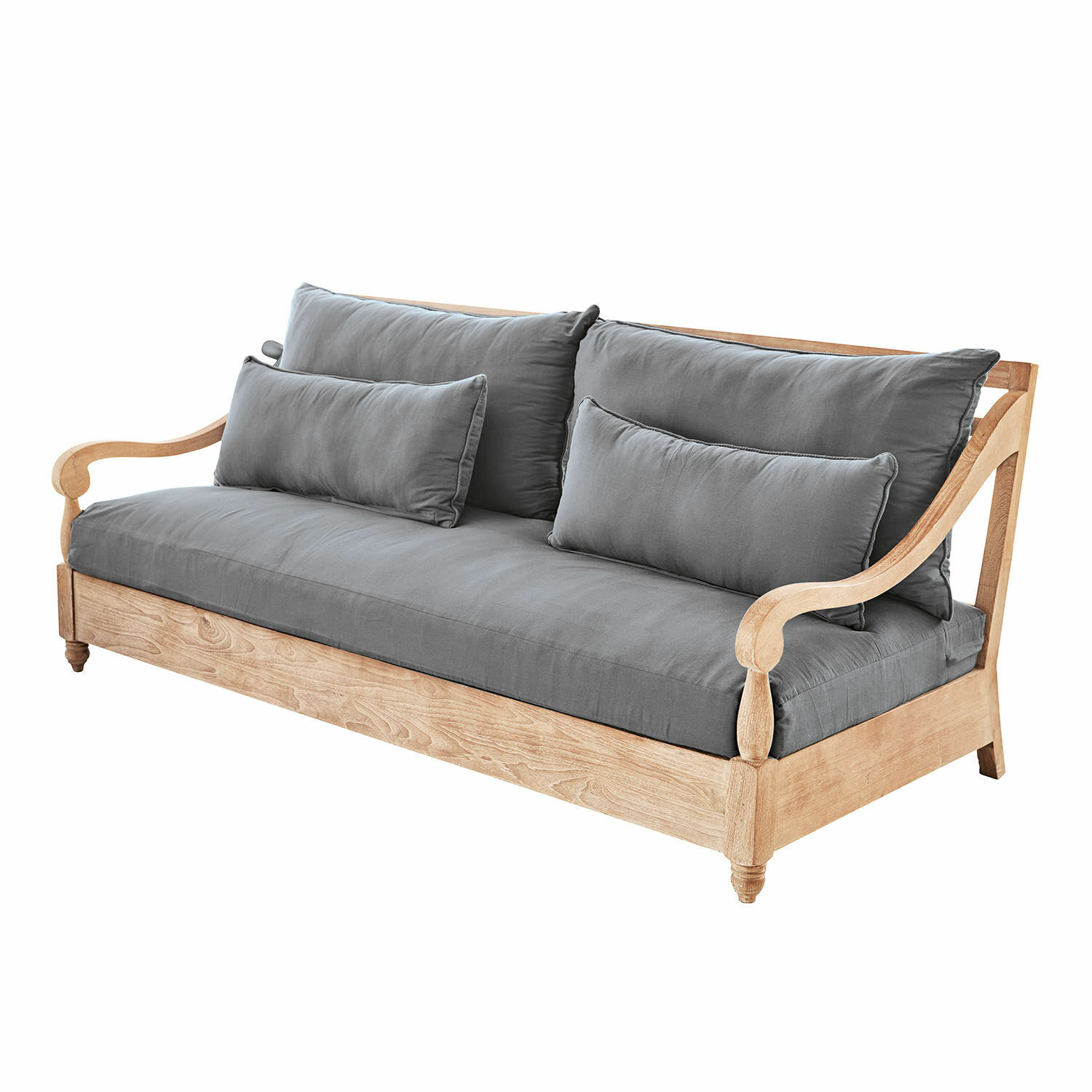 Sofá Montcassin Sofá de madera clara con cojines grises, mueble cómodo para salón, materiales naturales