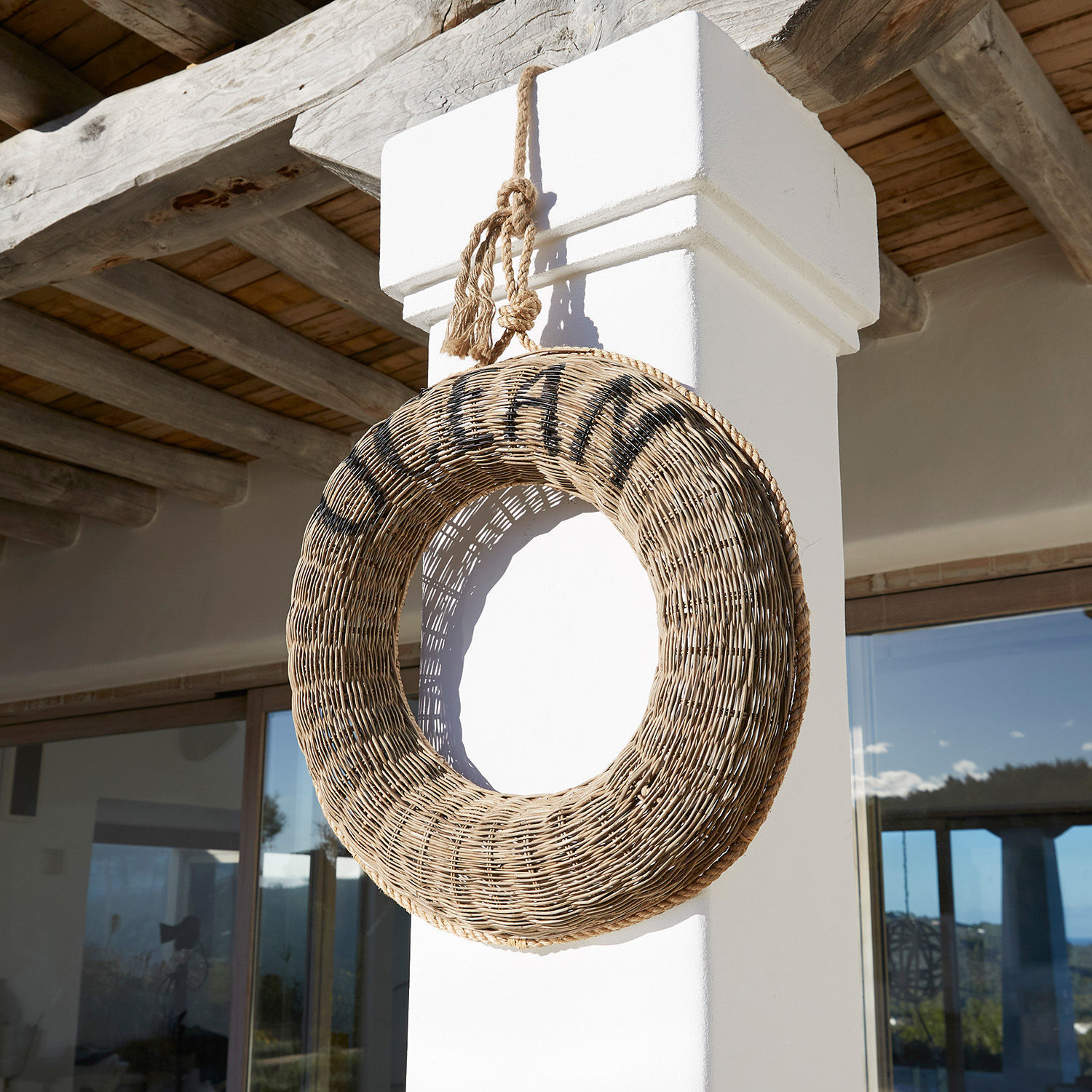 Salvavidas decorativo Oceen Corona redonda de mimbre natural con texto, decoración de pared para interior y exterior