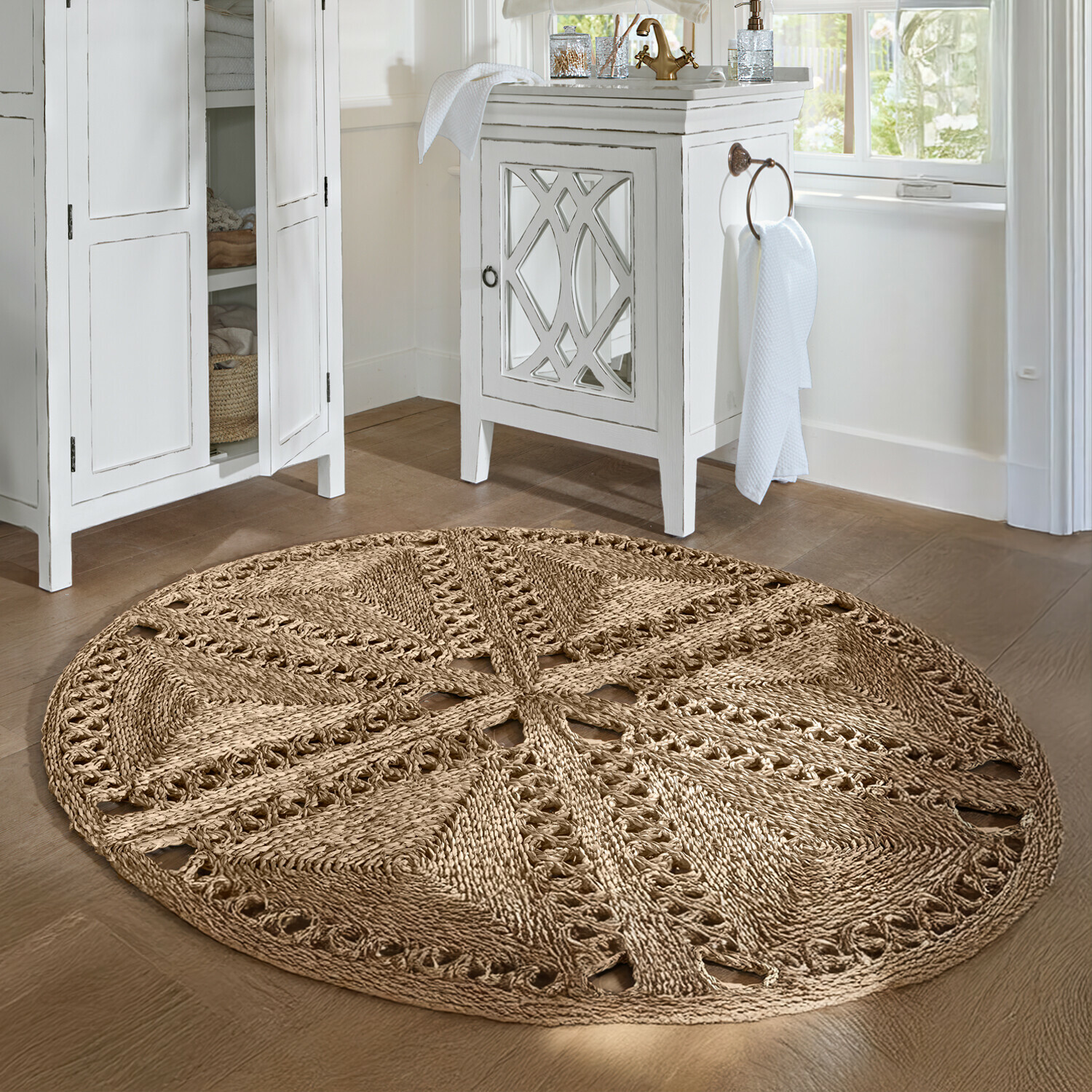 Alfombra Penwicks Alfombra redonda de cuerda natural beige con diseño decorativo, para salón o baño