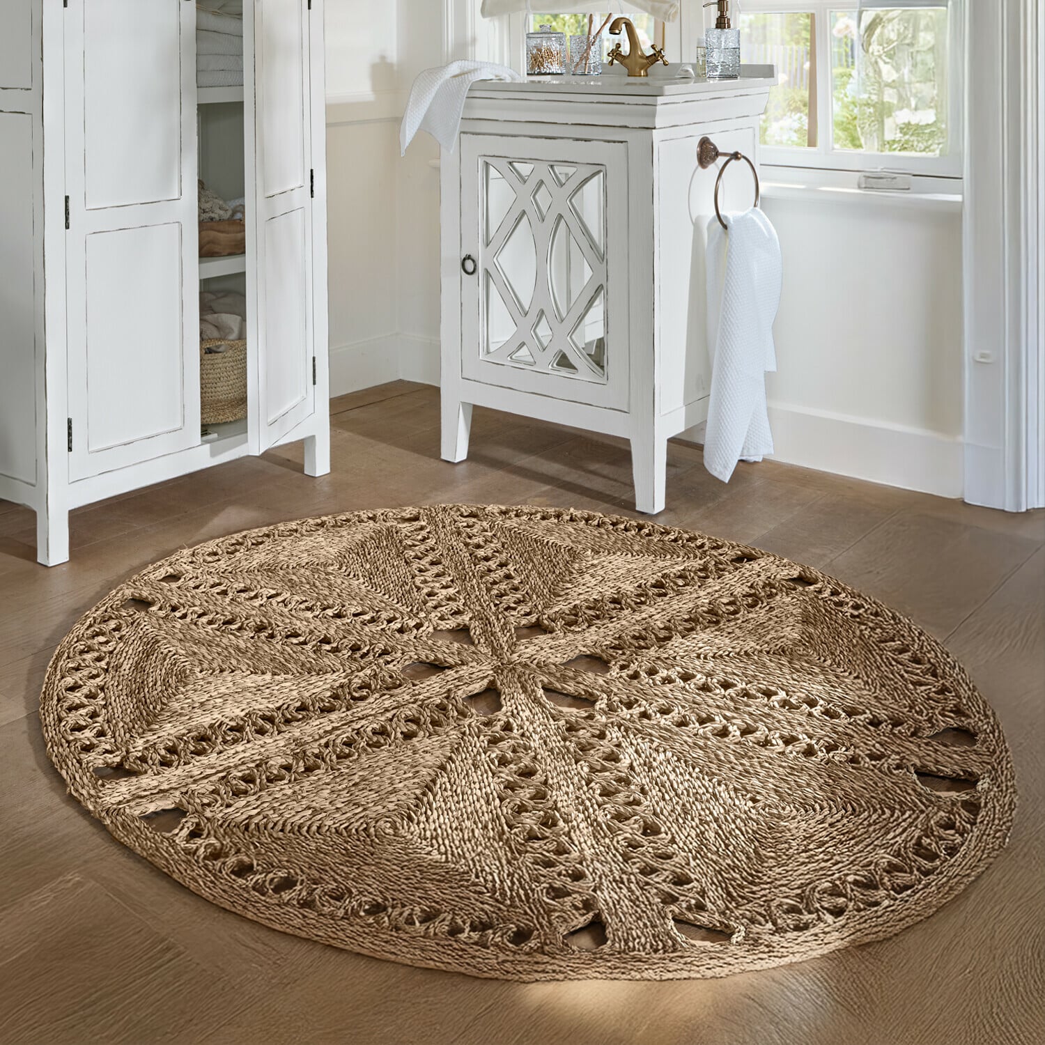 Alfombra Penwicks Alfombra redonda de cuerda natural beige con diseño decorativo, para salón o baño
