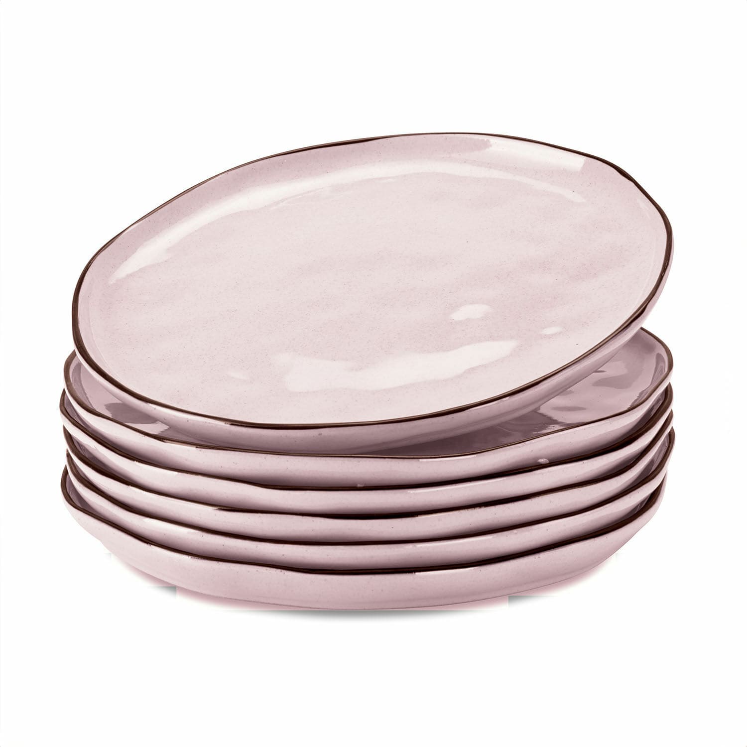 rosa Set de 6 platos de cerámica Biarritz rosa con borde marrón para comedor elegante