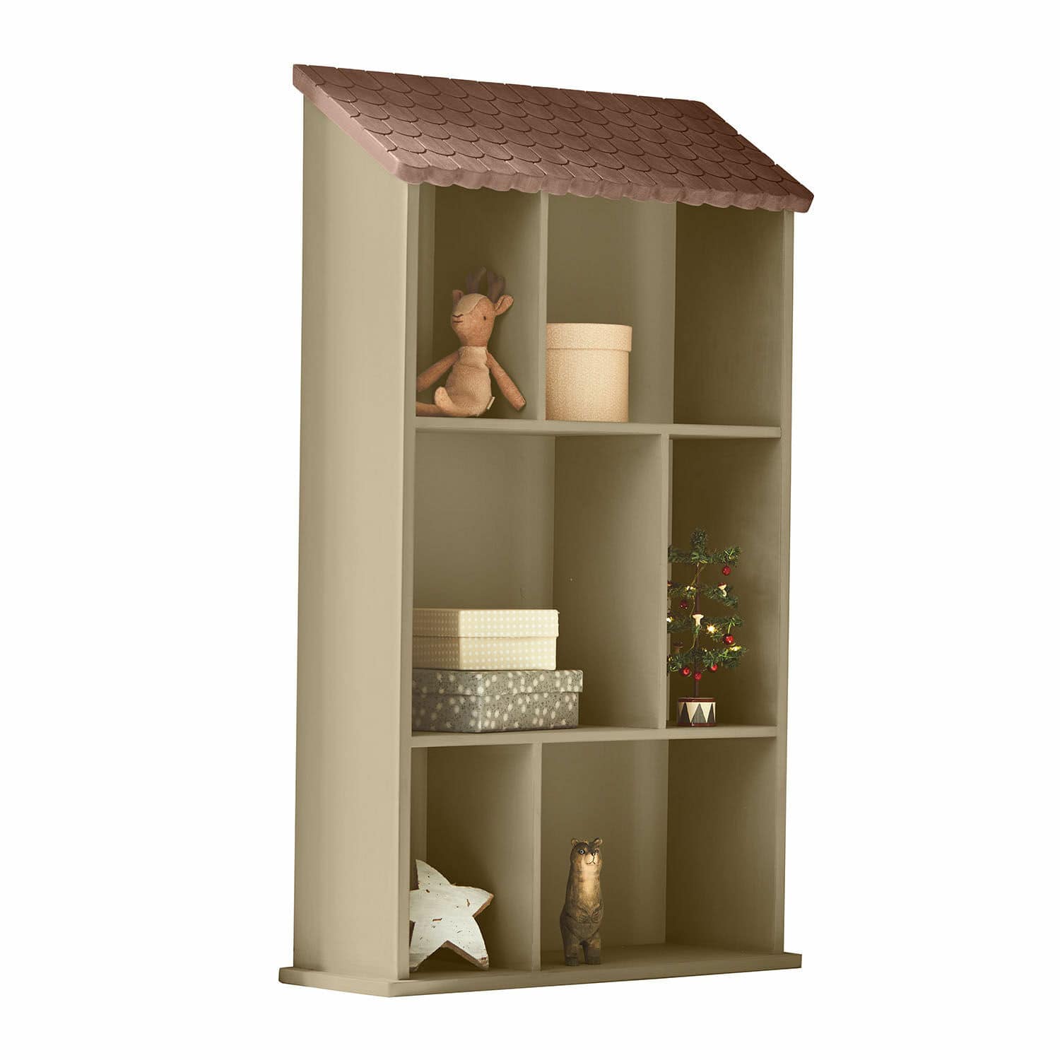 Estante de pared Zerith Estantería de madera beige con forma de casa, techo marrón y decoración navideña