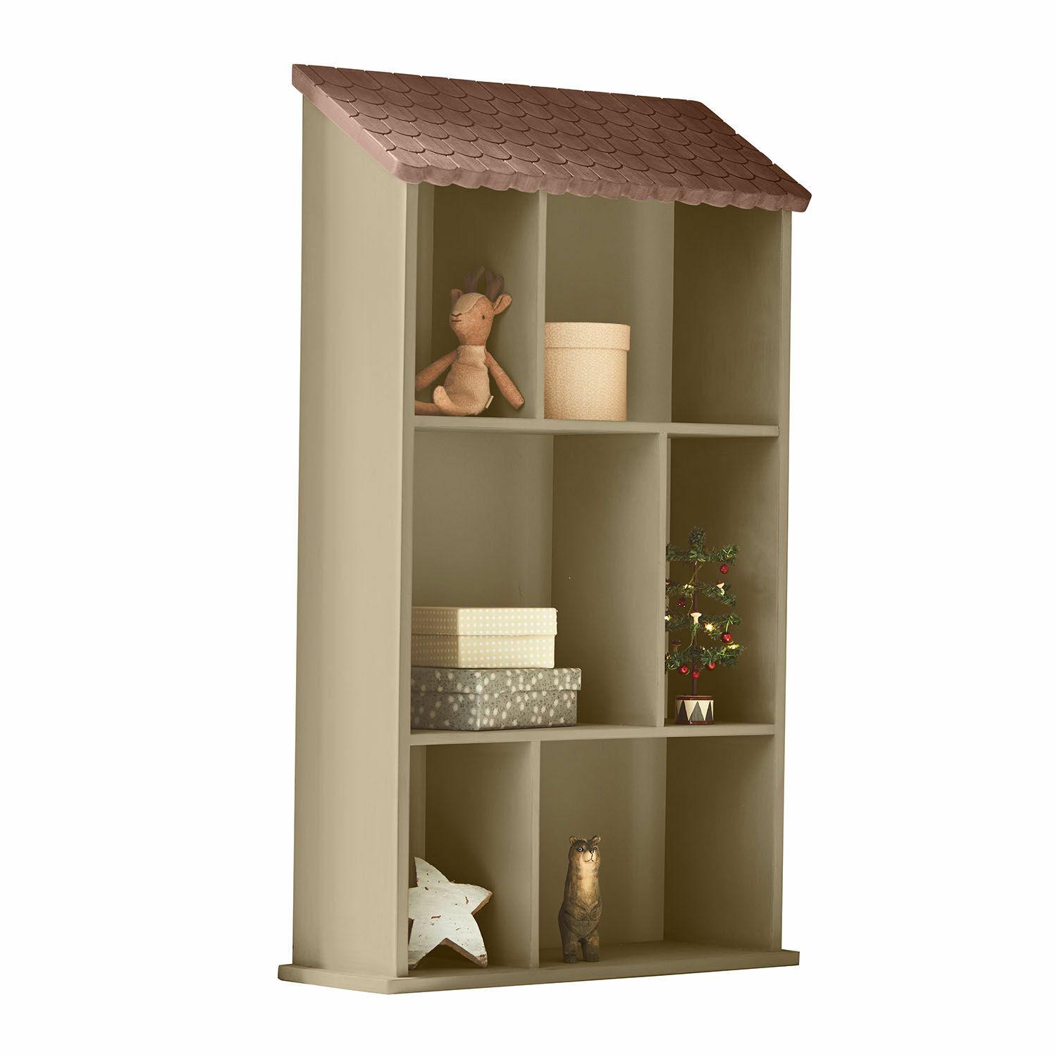 Estante de pared Zerith Estantería de madera beige con forma de casa, techo marrón y decoración navideña