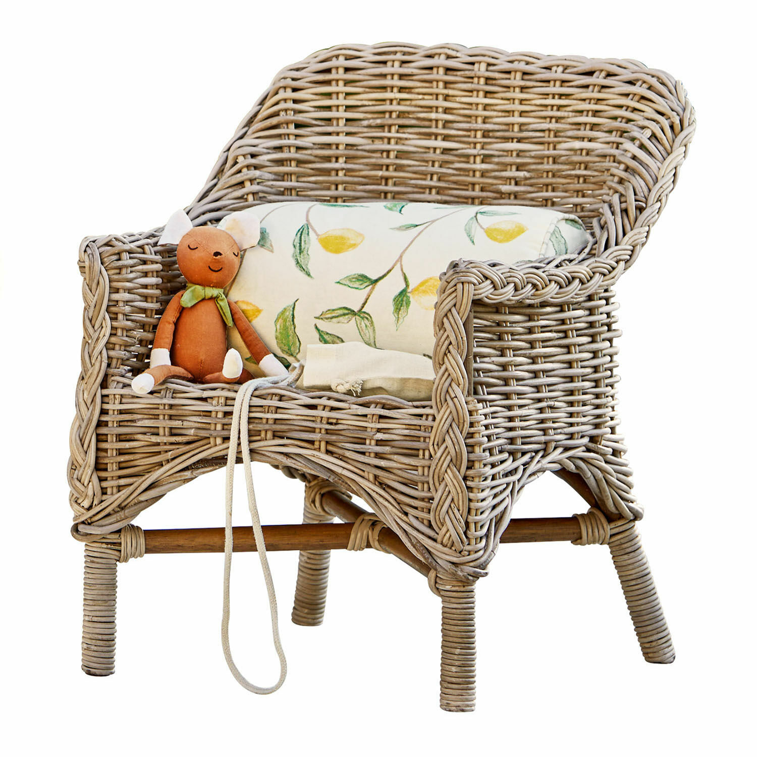 Silla infantil Narivena Sillón de ratán color natural con cojín estampado de hojas y peluche para niños