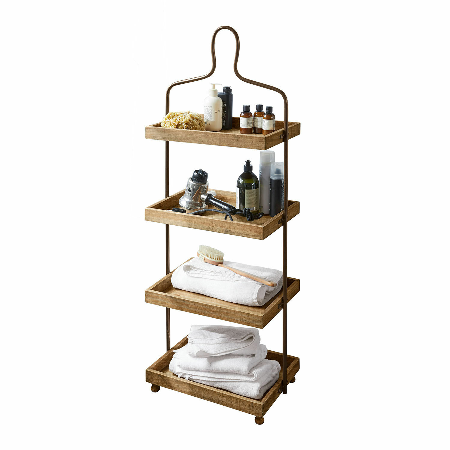 Estantería Lasse de madera marrón y metal negro con toallas y productos de baño organizados