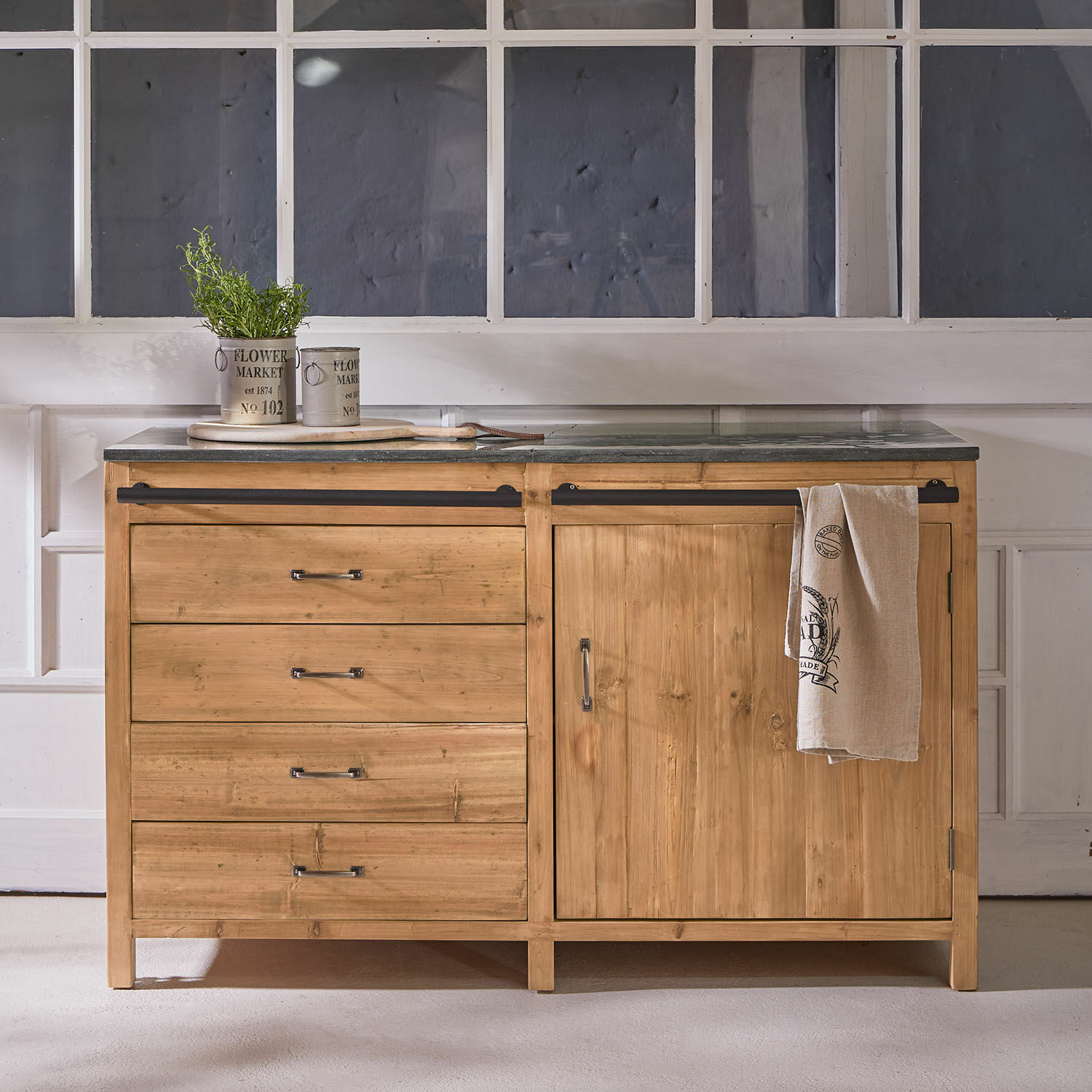 Armario de cocina Sunnybrook Aparador de madera con encimera negra, cuatro cajones y puerta, decoración de cocina