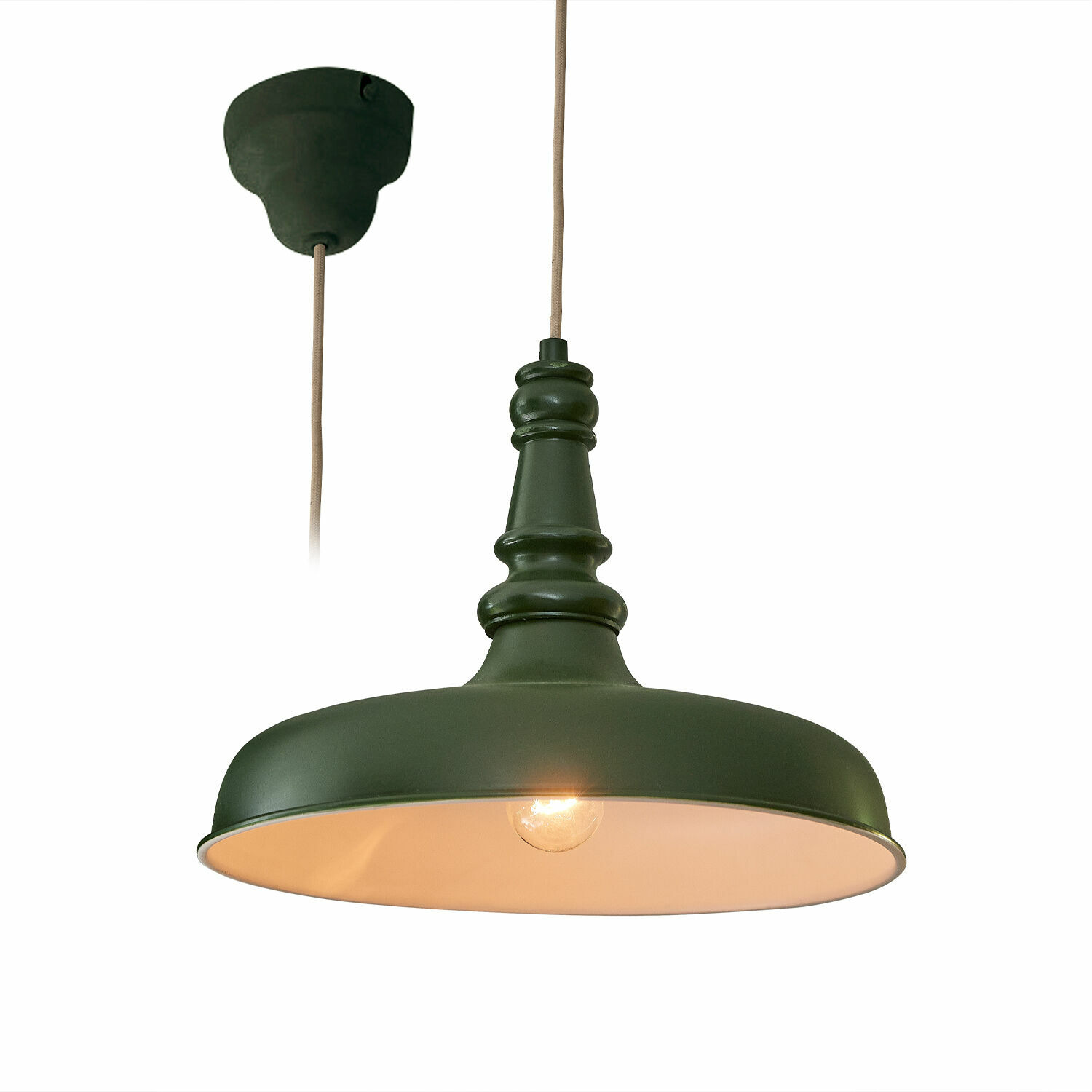 verde oscuro Lámpara colgante Camryn de metal verde oscuro con interior claro, lámpara de techo elegante para salón
