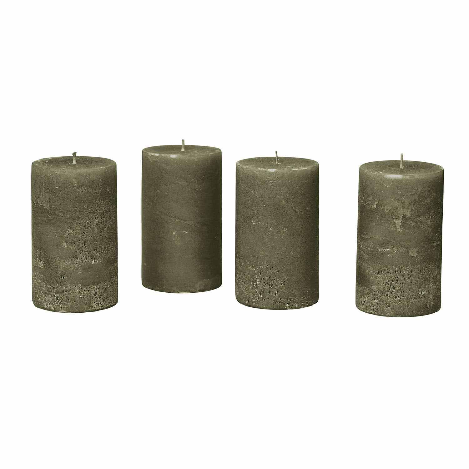 Conjunto de cuatro velas cilíndricas verdes con aspecto natural para decoración interior