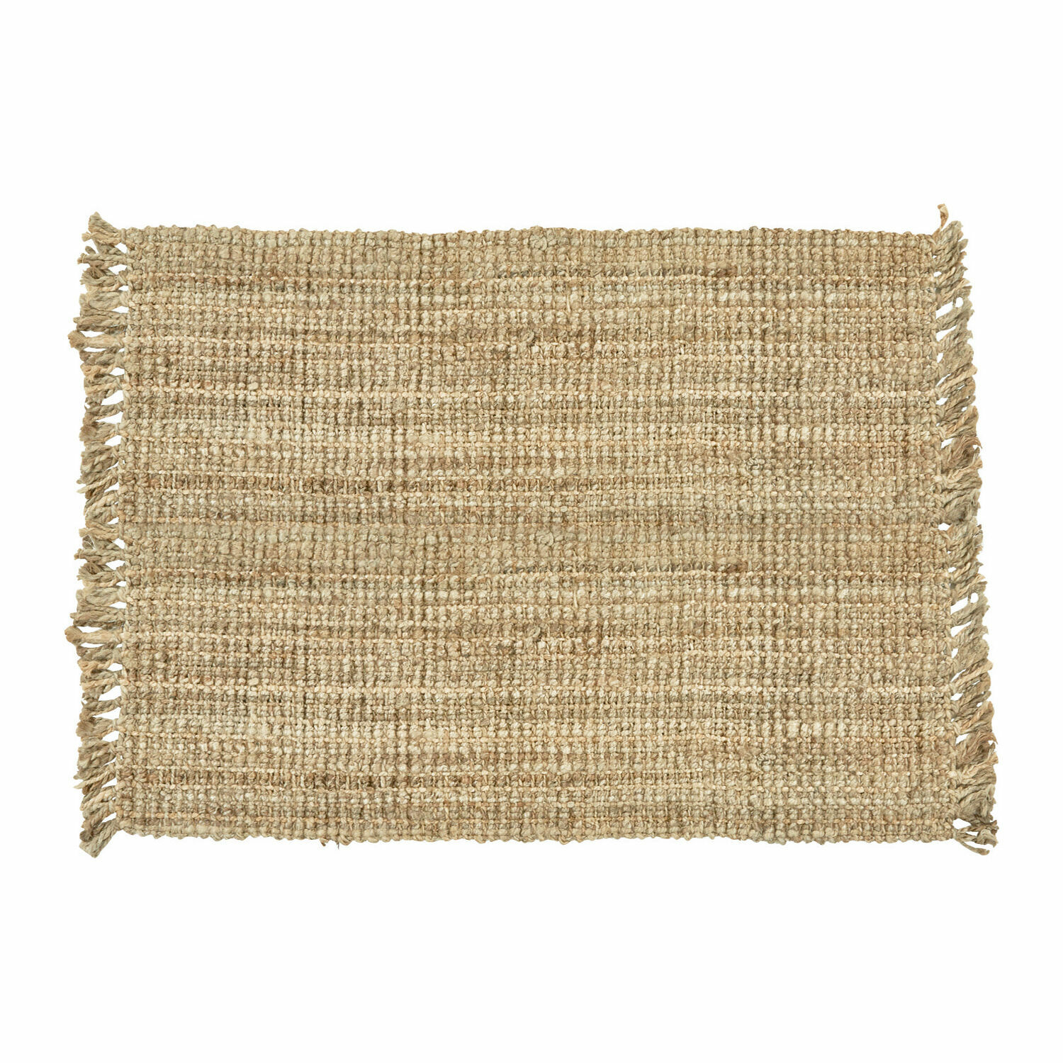 Alfombra de yute natural beige con flecos, ideal para decoración y confort en interiores