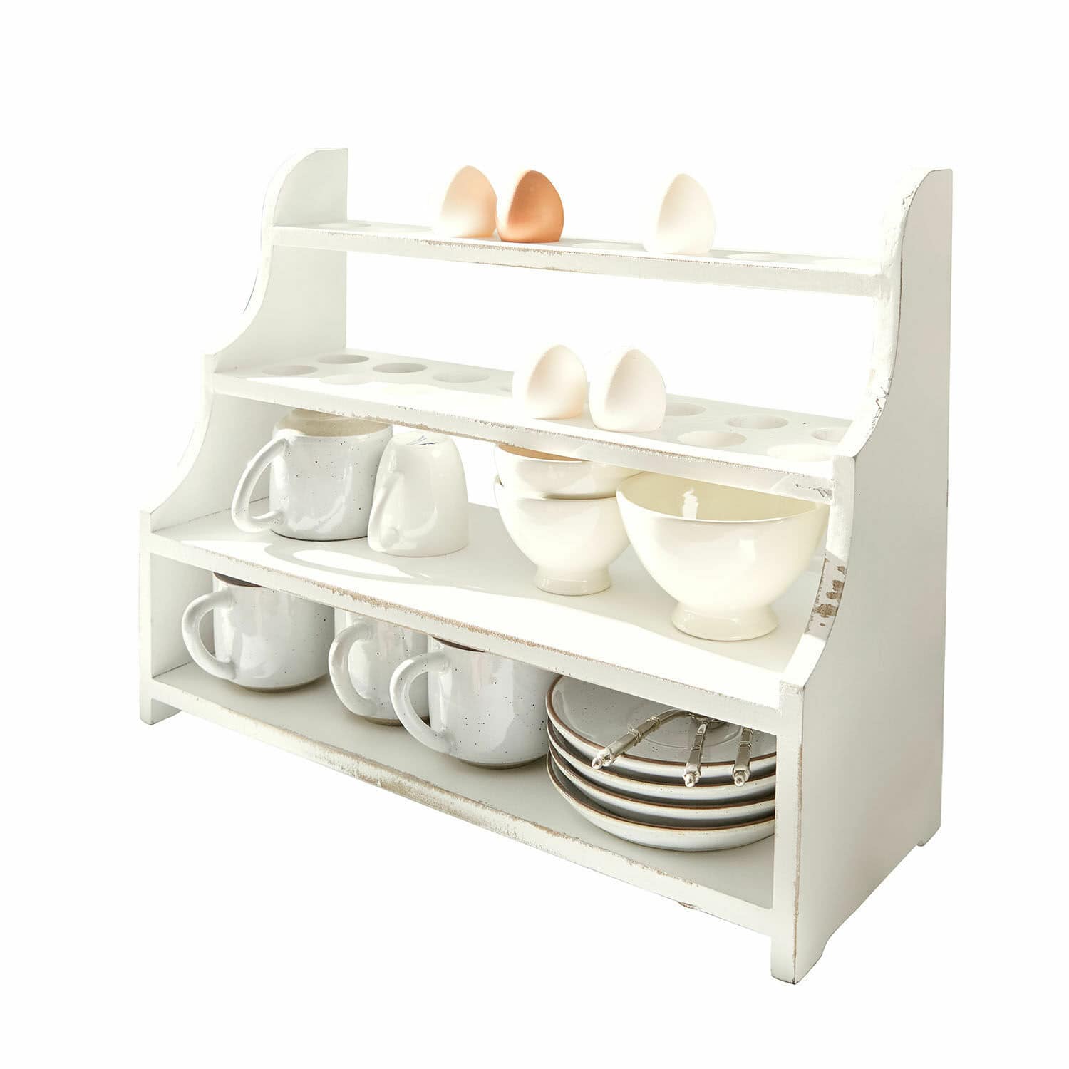 Organizador Pervina Estante de cocina de madera blanca con espacio para huevos, tazas y cuencos para almacenamiento