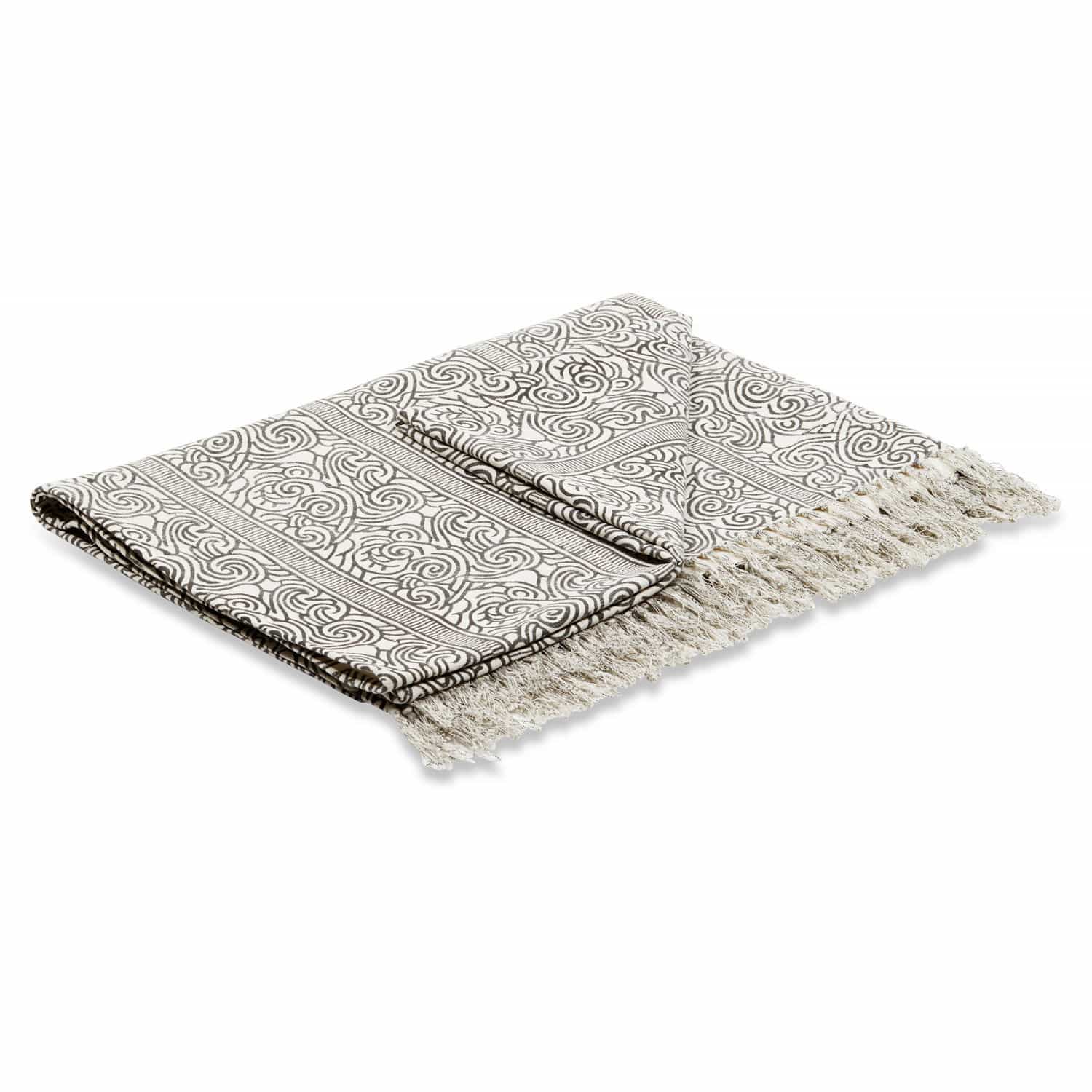 Manta Ensis Manta de algodón blanca con diseño negro y flecos, accesorio textil decorativo para el hogar