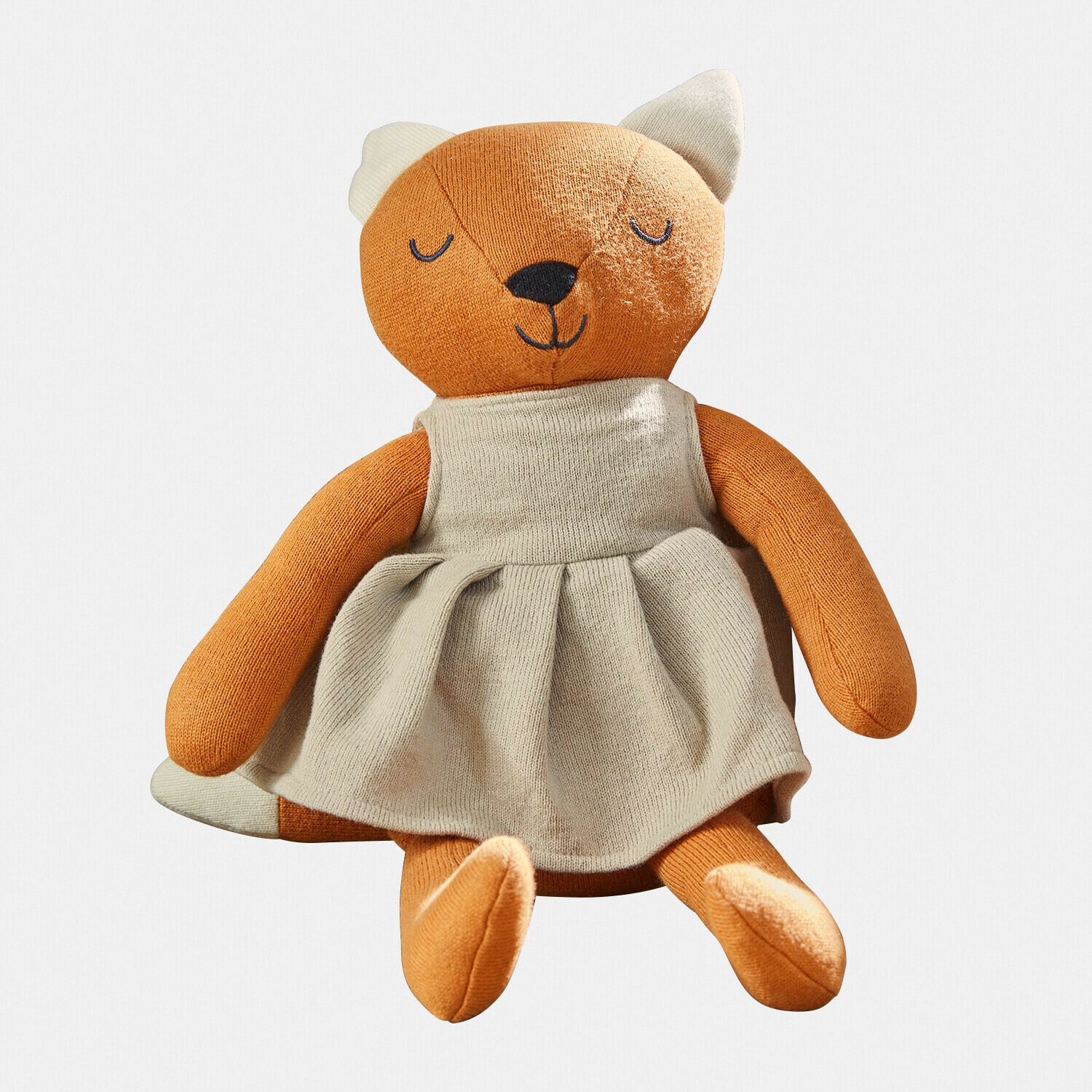 Peluche de zorro naranja con vestido beige de punto, juguete suave para niños