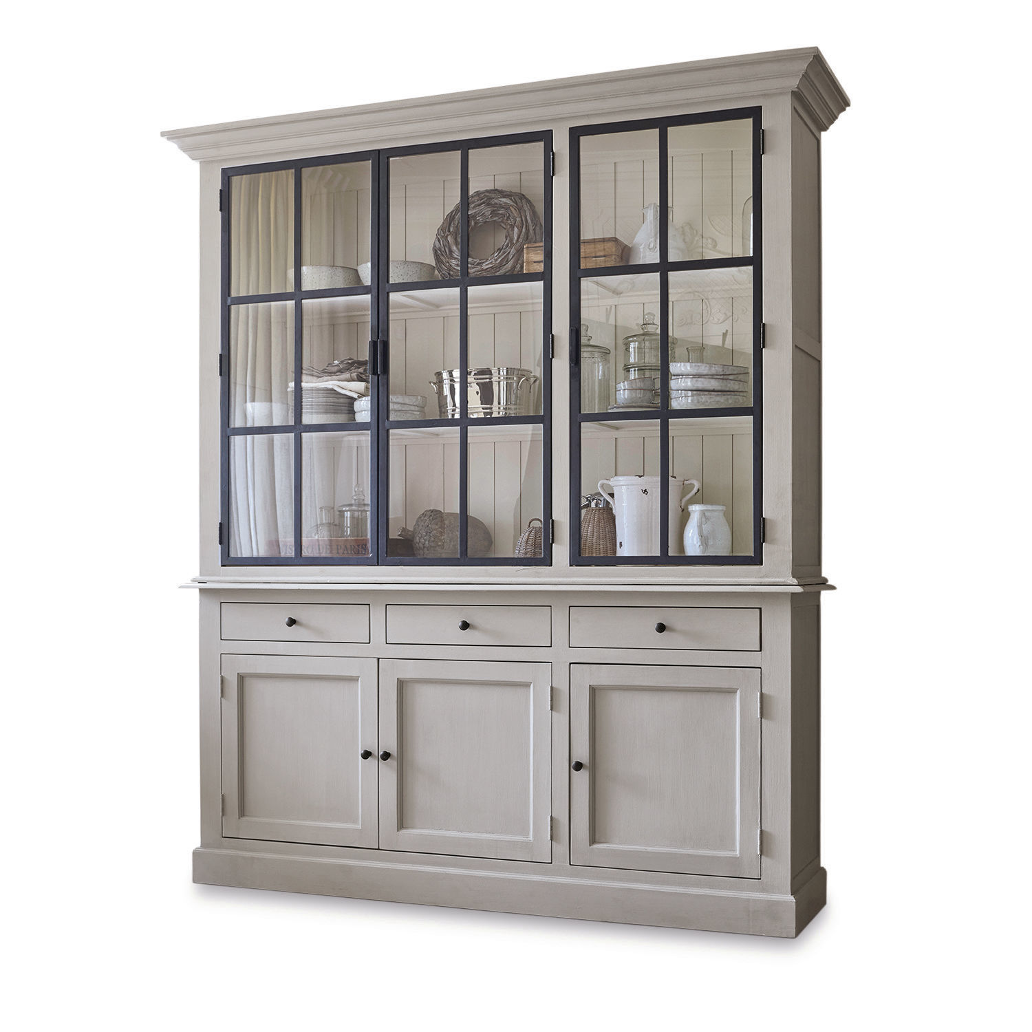 Armario Thilot Gran vitrina de madera gris con puertas de cristal y cajones para almacenamiento en sala de estar