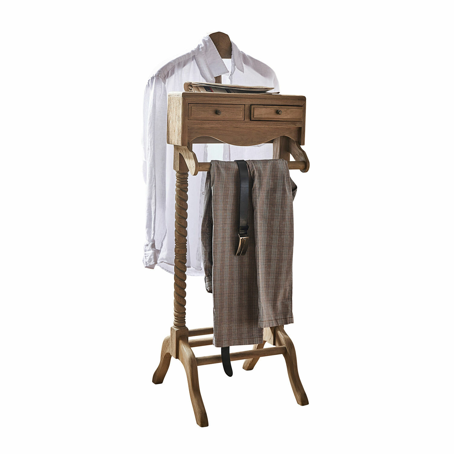 Galán de noche Doncaster Perchero de madera natural con cajones y barra para pantalones, soporte para camisa