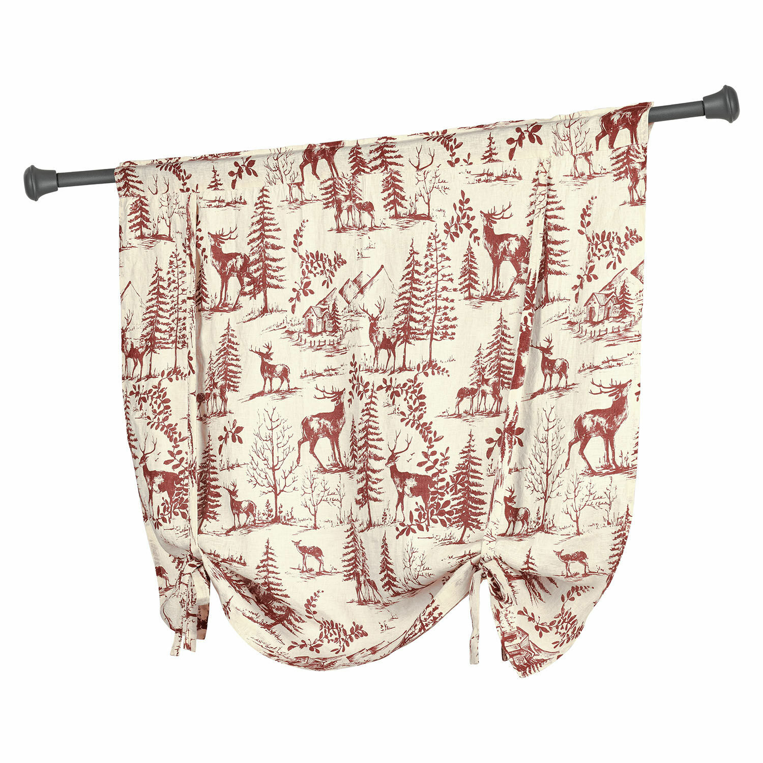 Visillo Sundraen Cortina de algodón color crema con estampado rojo de ciervos y bosque, decoración rústica