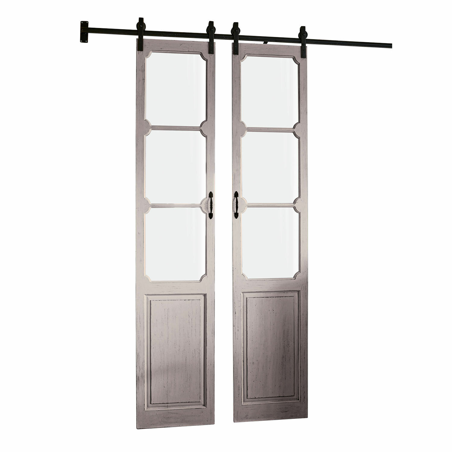 gris antiguo Puerta corredera doble Tibout de madera en gris antiguo con paneles de vidrio para interiores
