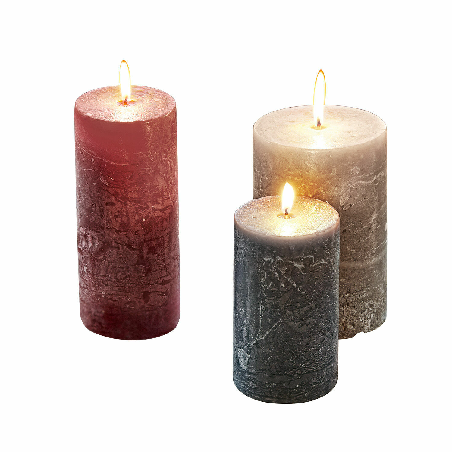 Set de 3 velas Pretin Conjunto de tres velas decorativas en rojo, gris y negro con textura natural de cera