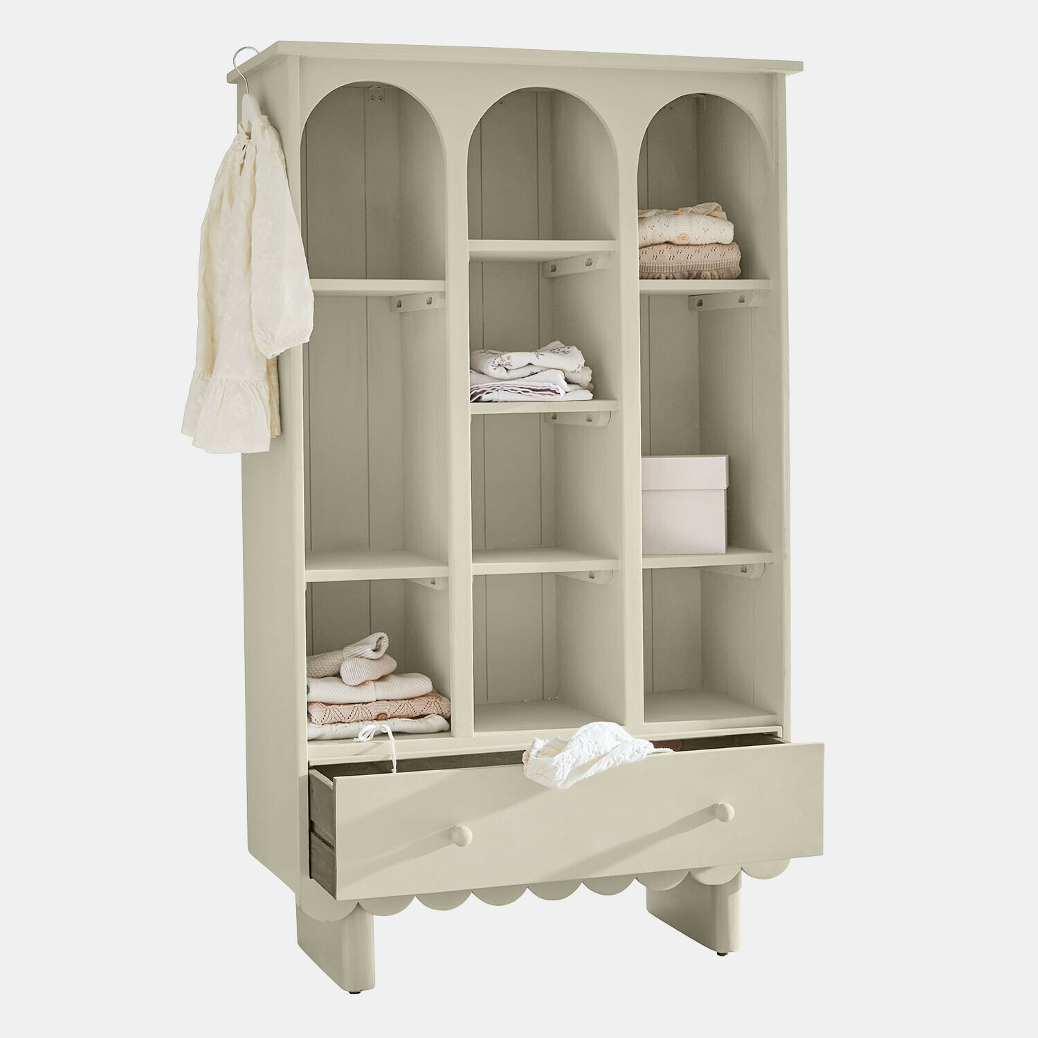 Armario Agliana Armario beige de madera con tres compartimentos y cajón, mueble práctico para guardar ropa