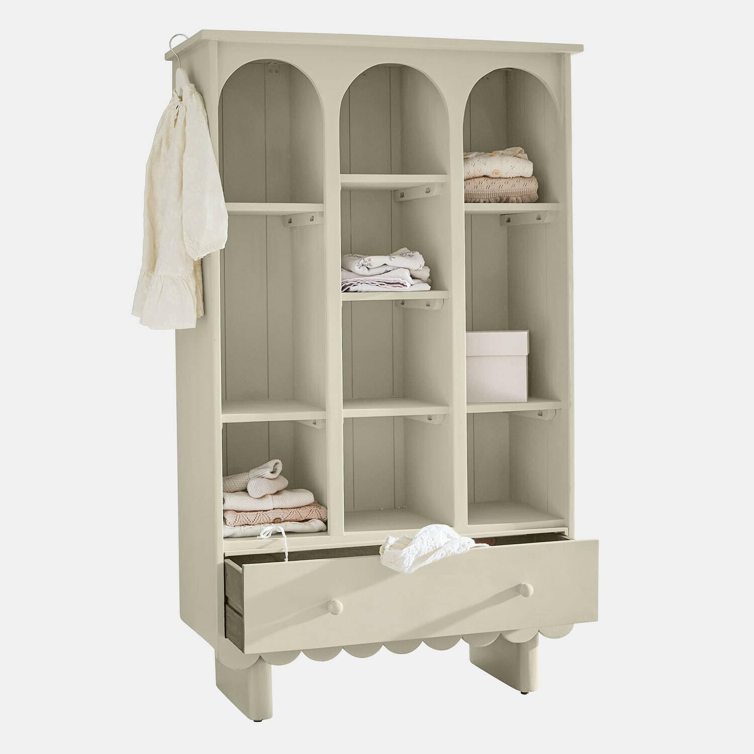Armario Agliana Armario beige de madera con tres compartimentos y cajón, mueble práctico para guardar ropa
