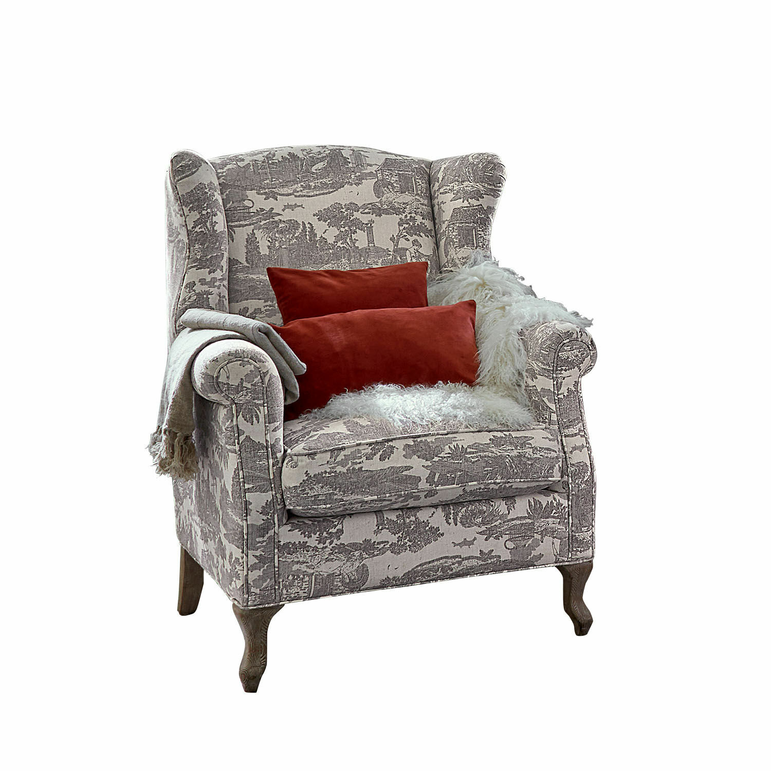 Sillón Fallowmere Sillón orejero con estampado gris claro, cojines rojos y manta blanca suave, mueble elegante para salón