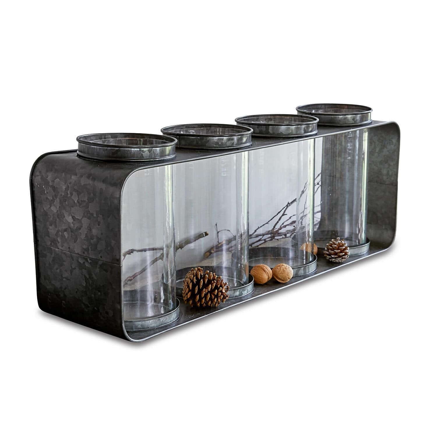 Linterna Sucre Organizador metálico con cuatro frascos de vidrio para especias o decoración en color gris