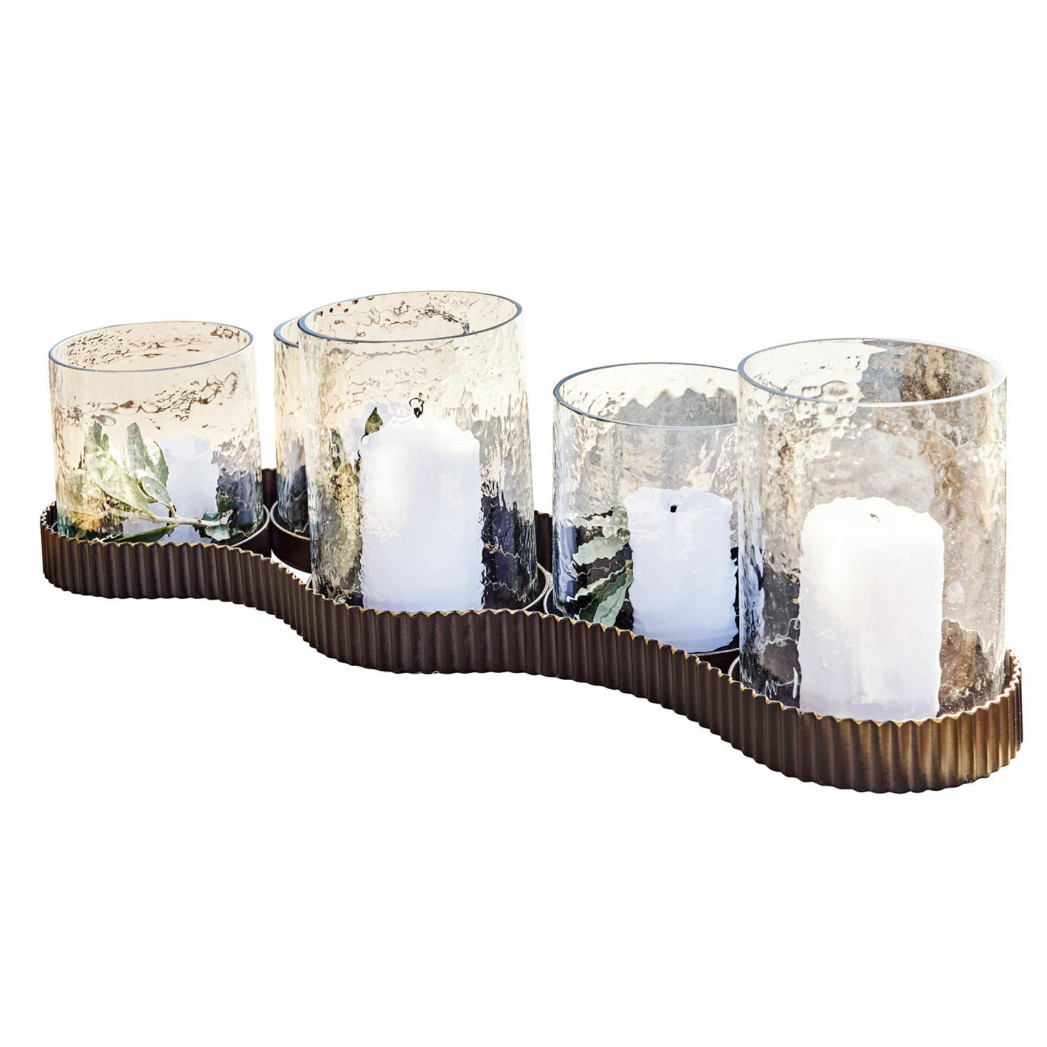 Farol Méridienn Conjunto de 5 portavelas de vidrio con velas blancas sobre base metálica marrón decorativa