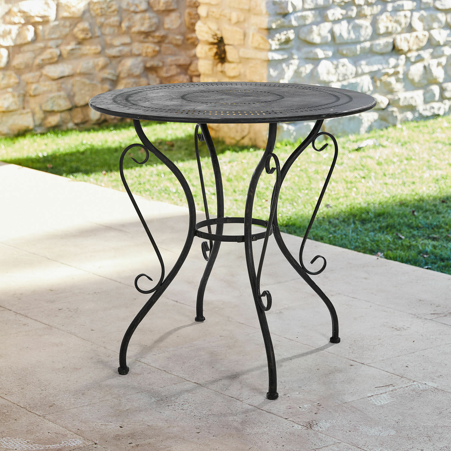 Mesa de jardín redonda de metal negro con patas decorativas para terraza y jardín