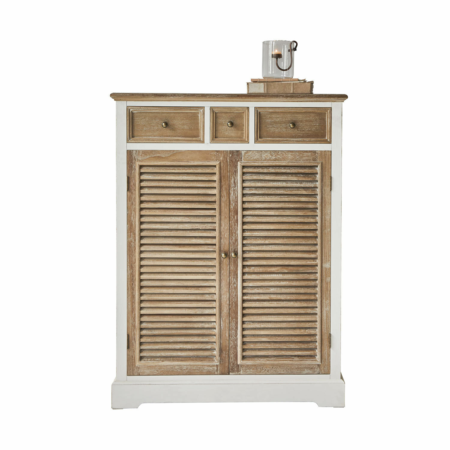 Cómoda Lourmante Cómoda de madera de mango en tonos naturales y blancos con tres cajones y dos puertas de persiana