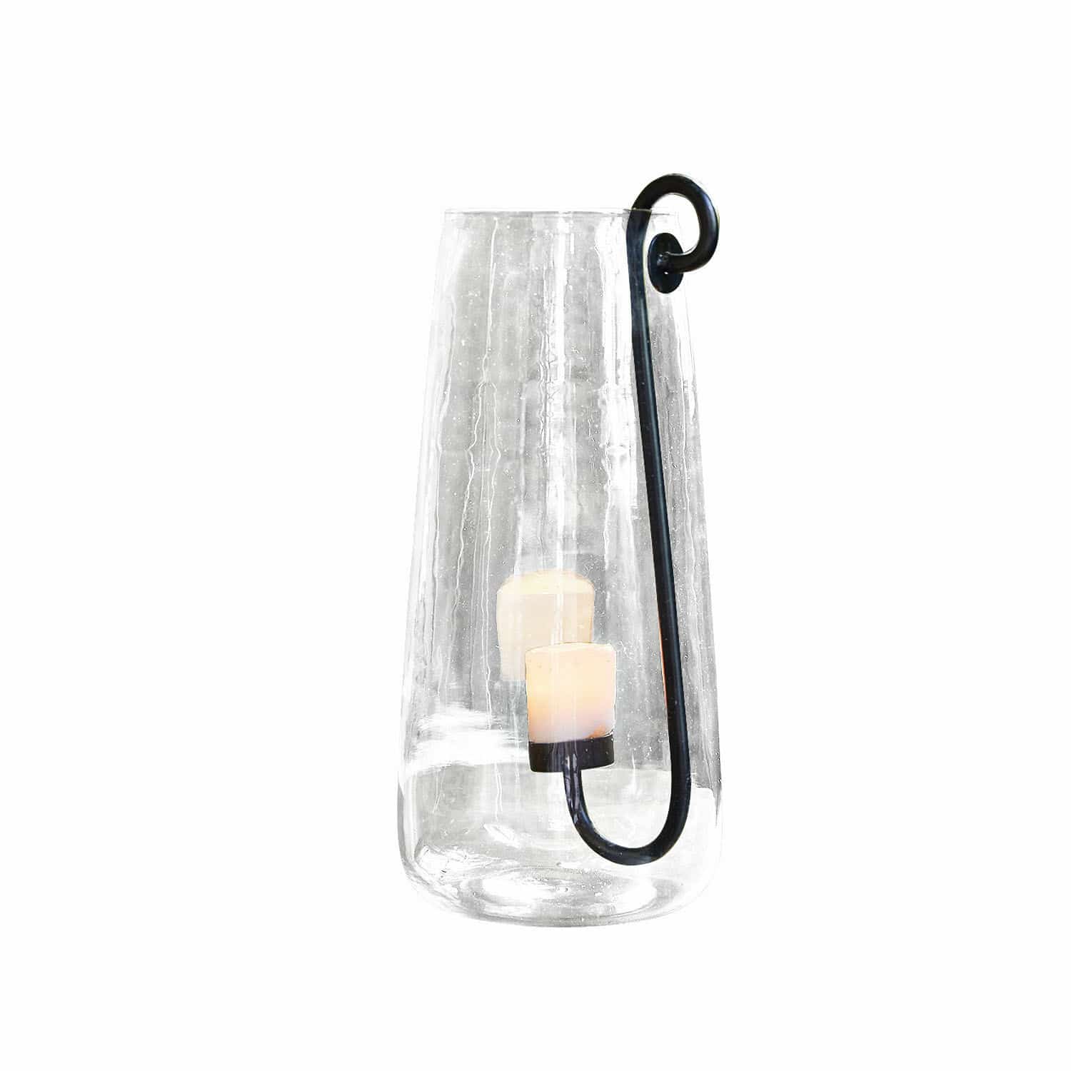 Portavelas Lamark Farol de vidrio con asa de metal negro y vela LED para decoración interior y exterior