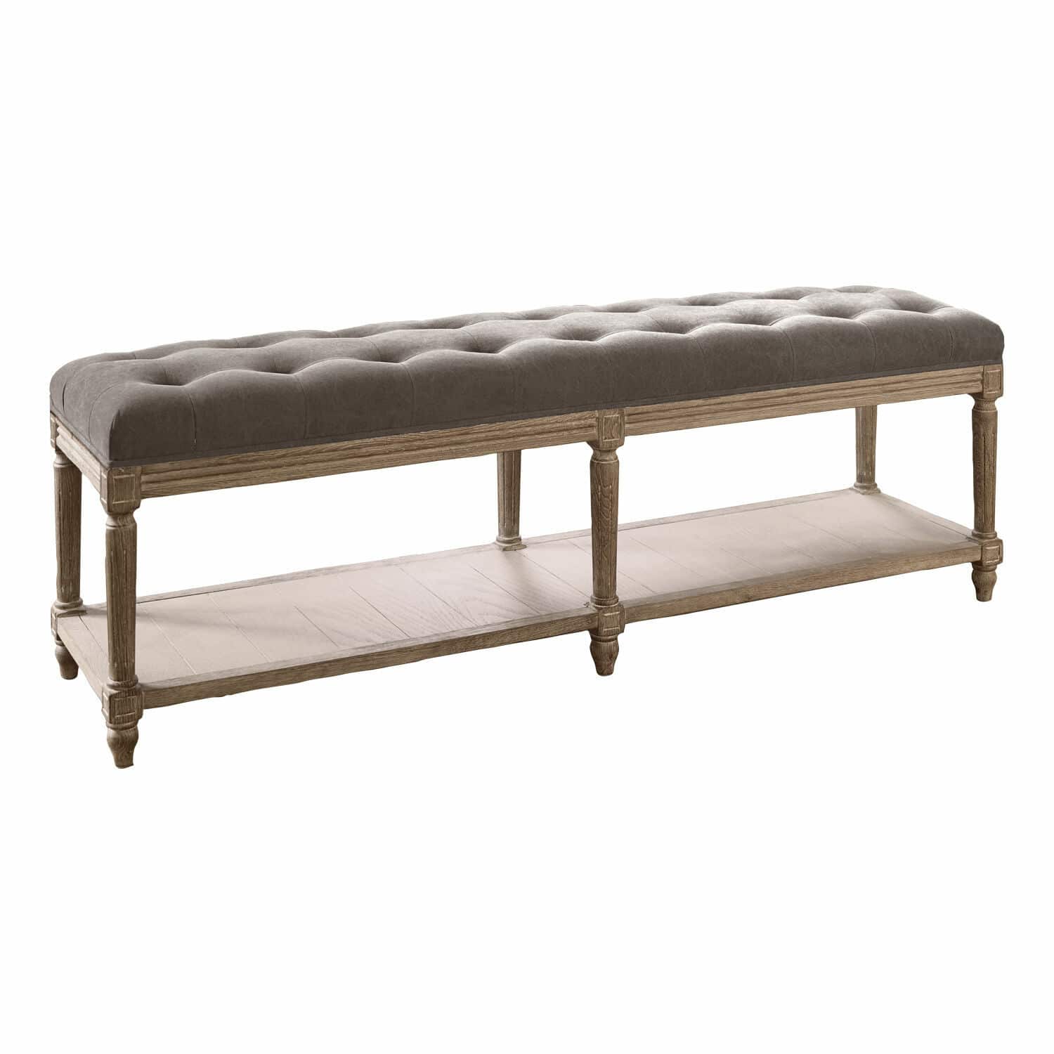 gris/marrón envejecido Banco Surcelles con tapizado gris acolchado y madera marrón antigua, estilo vintage elegante