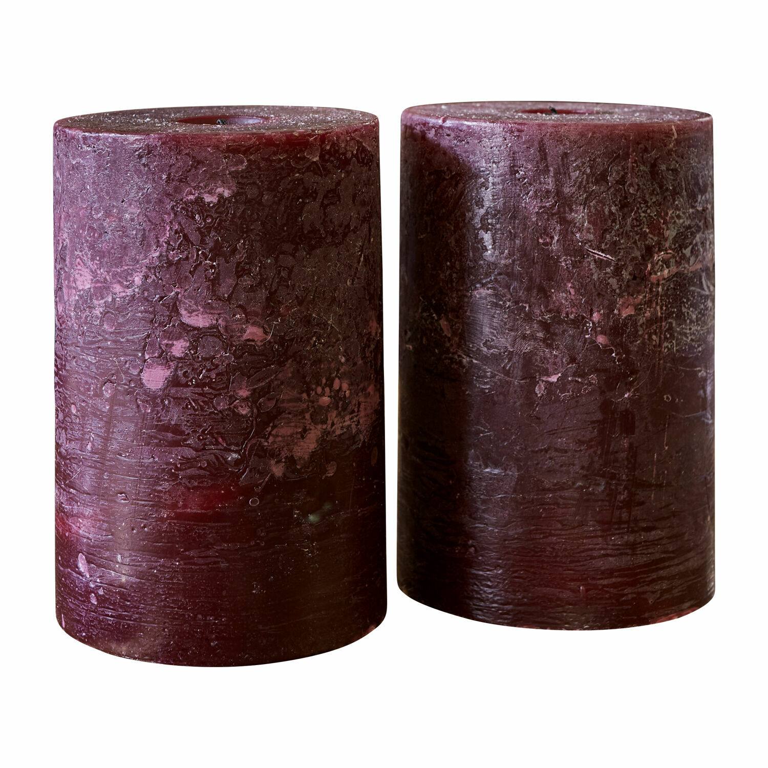 burdeos Set de dos velas Oviedo color burdeos de cera con textura rústica para decoración interior
